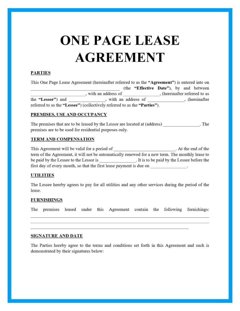 Free One Page Lease Agreement Templates within Free Simple Printable Rental Agreement