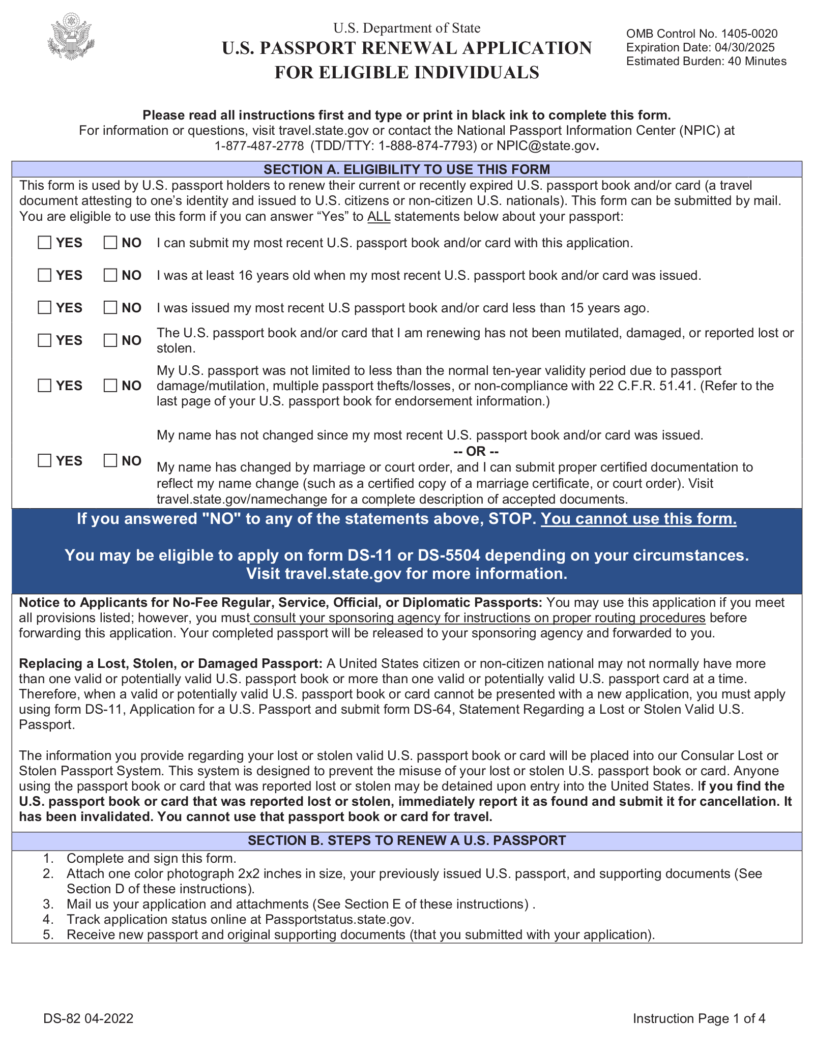 Free Passport Renewal Application (Form Ds-82) - Pdf – Eforms pertaining to Printable Renewal Passport Application Form