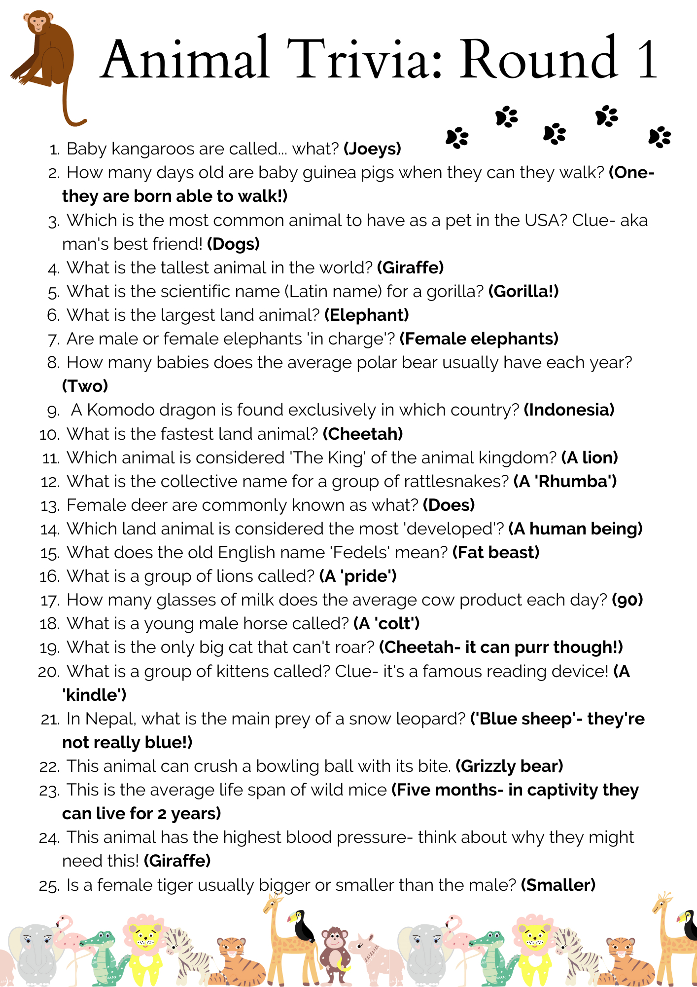 Free Printable Animal Trivia Questions And Answers, Download Free intended for Kindergarten Trivia Questions and Answers Printable