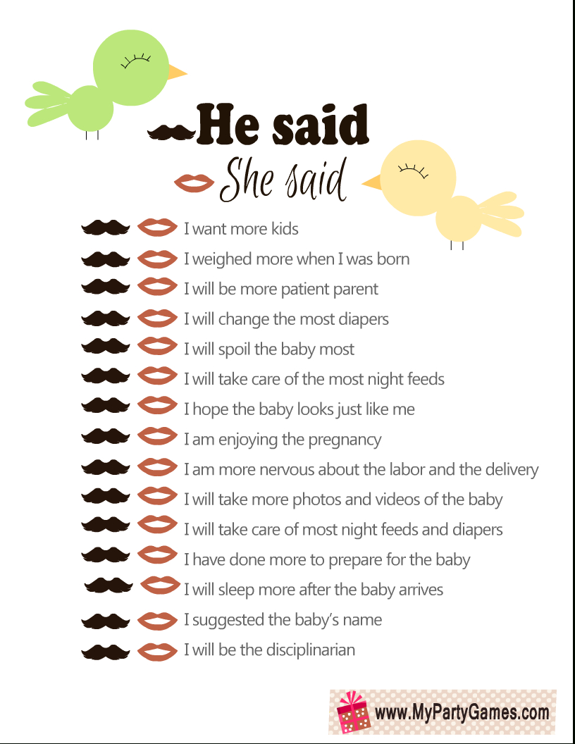Free Printable He Said, She Said Baby Shower Game with regard to Baby Shower Games Free Printable