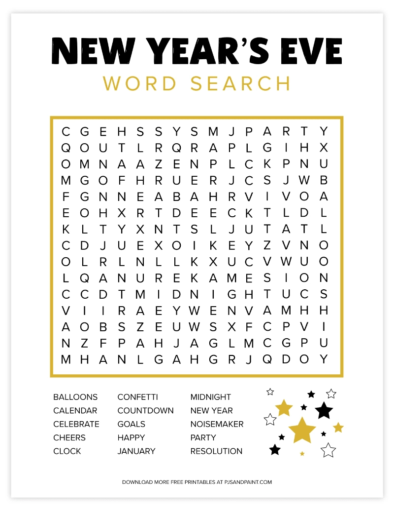 Free Printable New Year&amp;#039;S Eve Word Search - Pjs And Paint for New Year&amp;#039;S Word Search Printable
