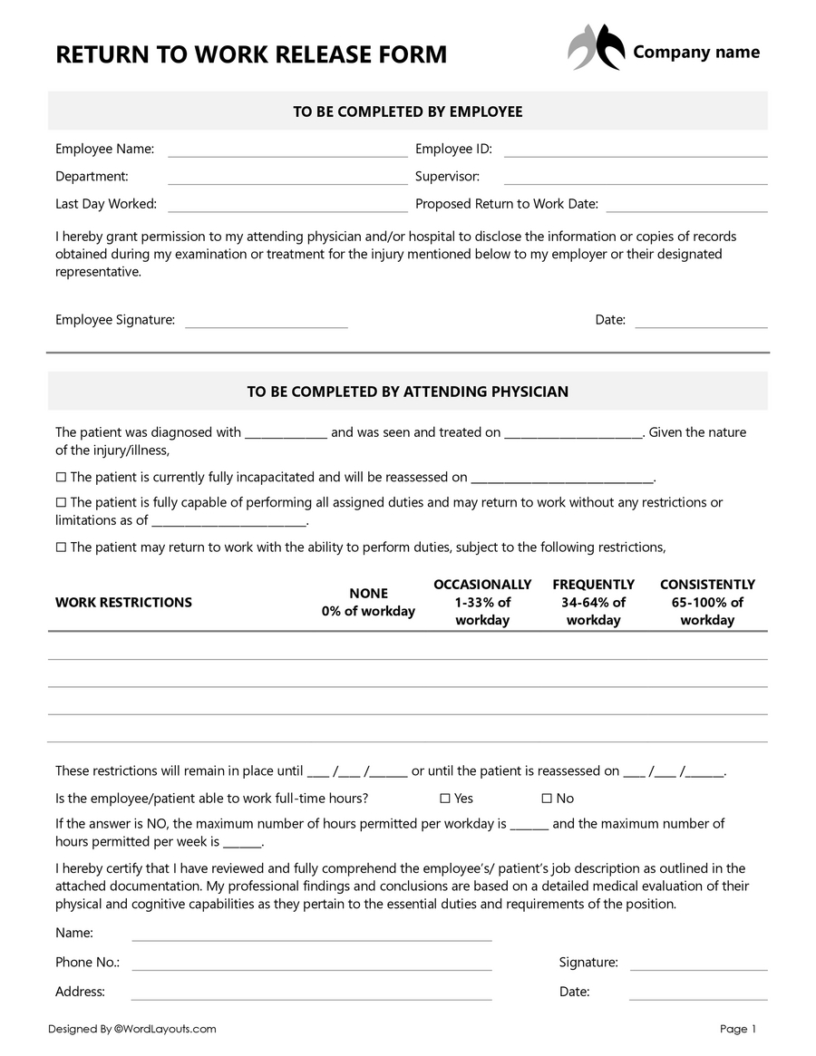 Free Return To Work Release Form - Wordlayouts within Doctor Printable Return to Work Form