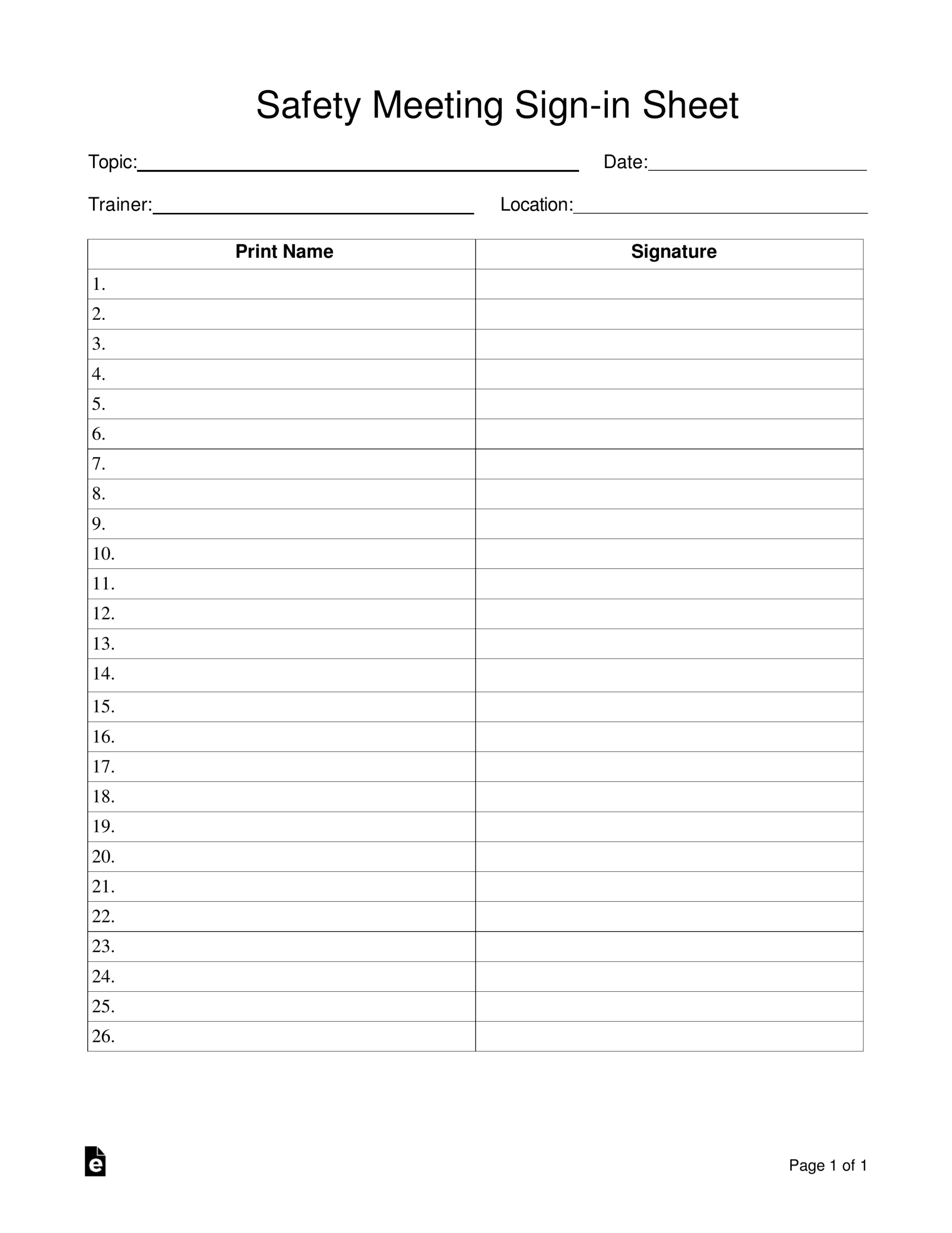 Free Safety Meeting Sign-In Sheet Template - Pdf | Word – Eforms intended for Free Printable Safety Meeting Forms