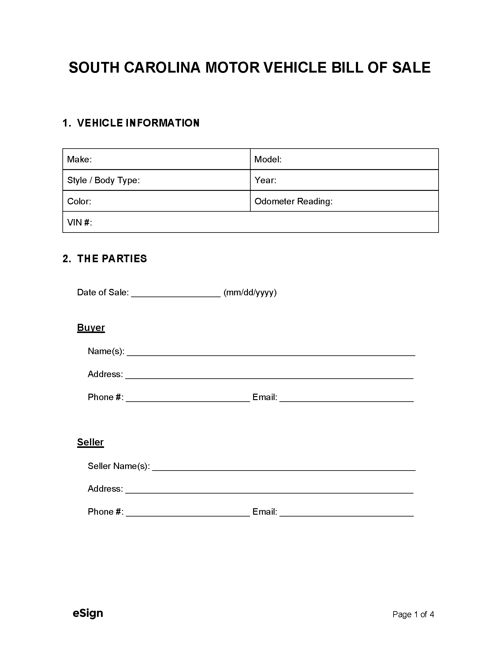 Free South Carolina Motor Vehicle Bill Of Sale Form | Pdf | Word throughout Printable Sc Bill Of Sale