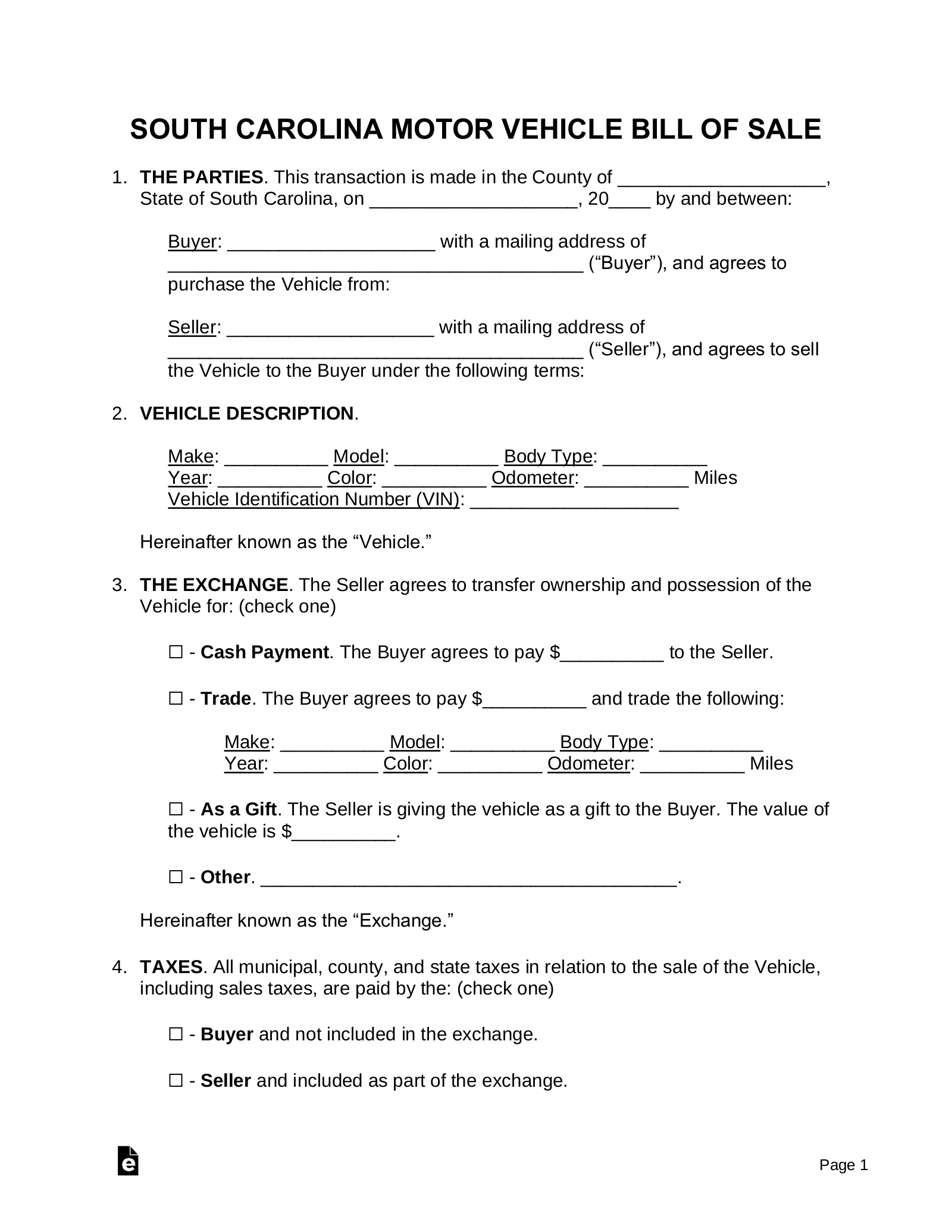 Free South Carolina Motor Vehicle Bill Of Sale - Pdf | Word – Eforms for Printable Sc Bill of Sale
