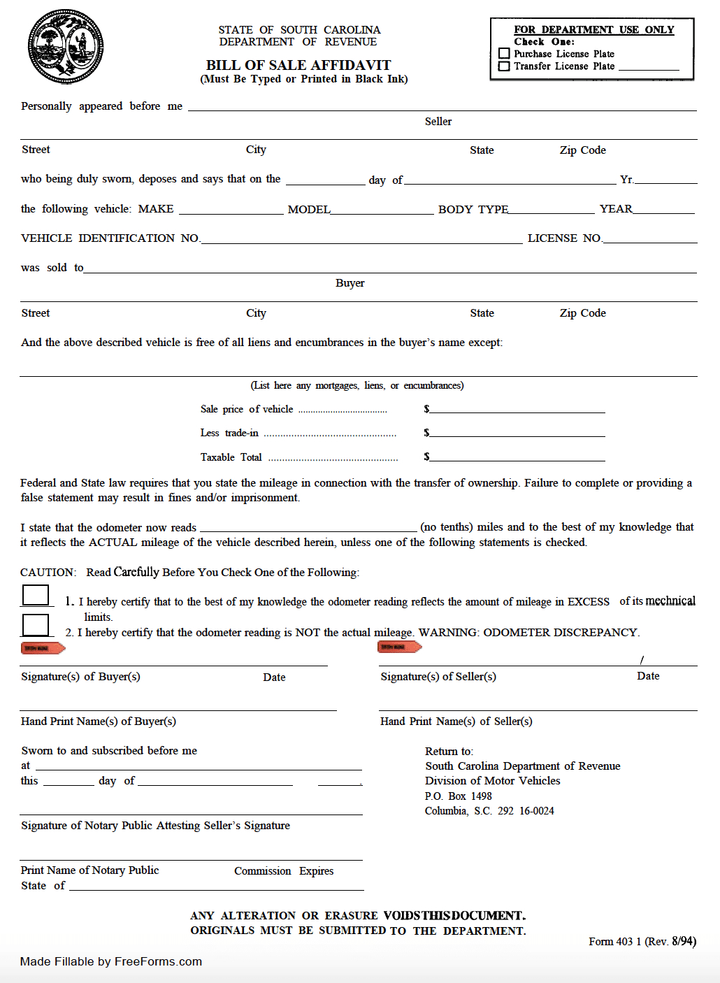 Free South Carolina Motor Vehicle (Dmv) Bill Of Sale Form | Pdf with regard to Printable Sc Bill of Sale
