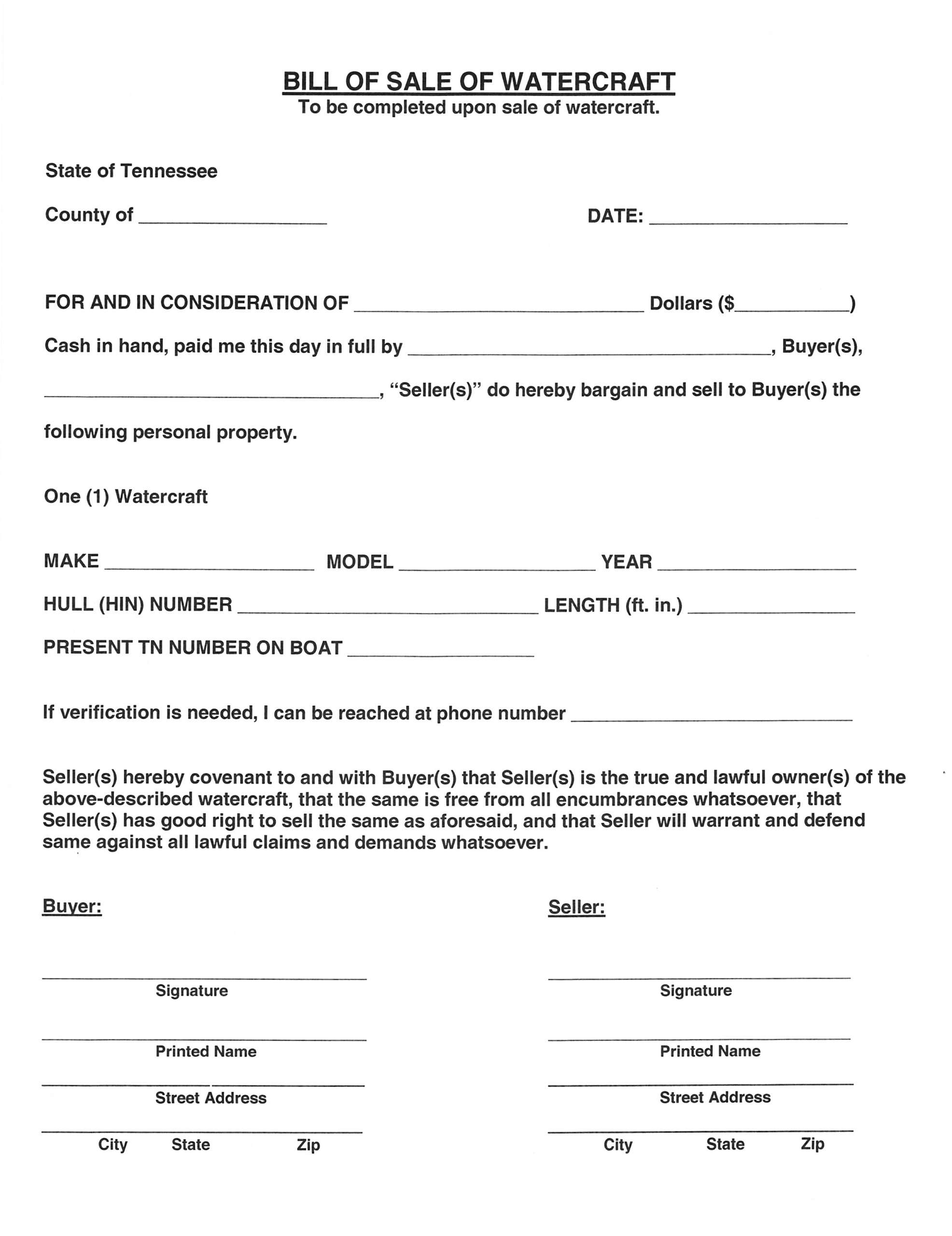 Free Tennessee Boat Bill Of Sale Form | Pdf in Printable Boat Bill of Sale Tn