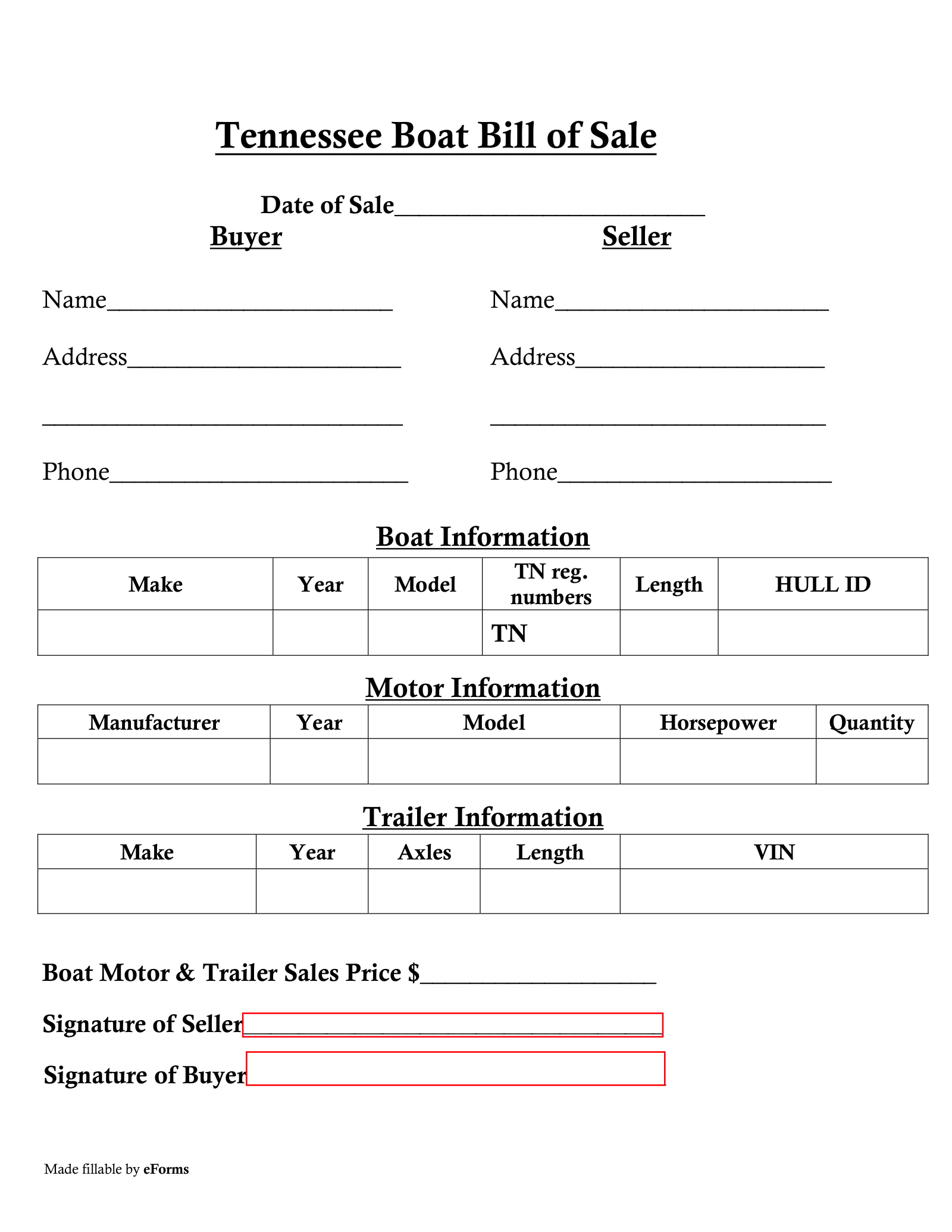 Free Tennessee Boat Bill Of Sale - Pdf – Eforms pertaining to Printable Boat Bill of Sale Tn