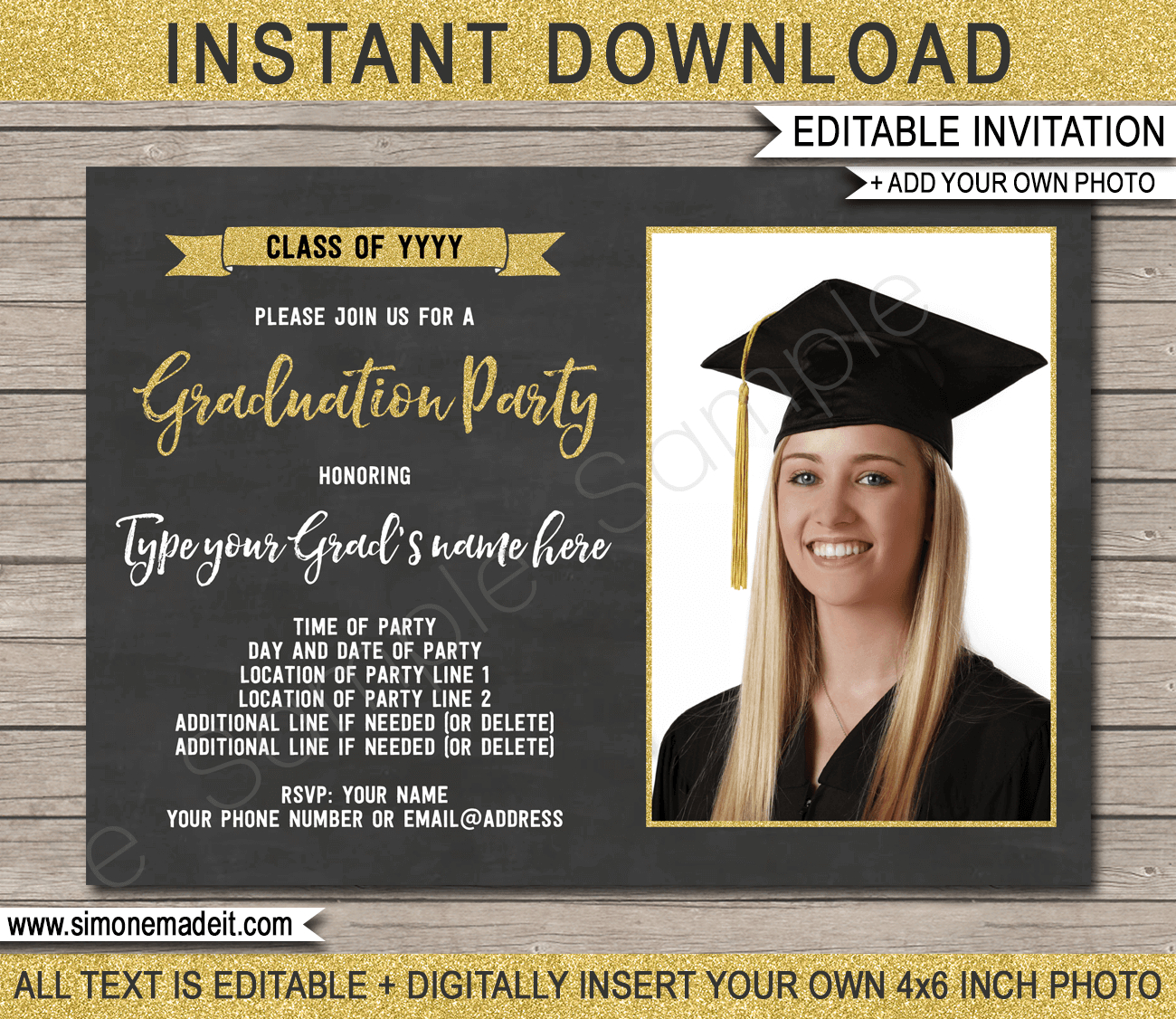 Graduation Photo Invitations Template - Gold Glitter &amp;amp; Chalkboard with regard to Free Printable Graduation Invitations Templates