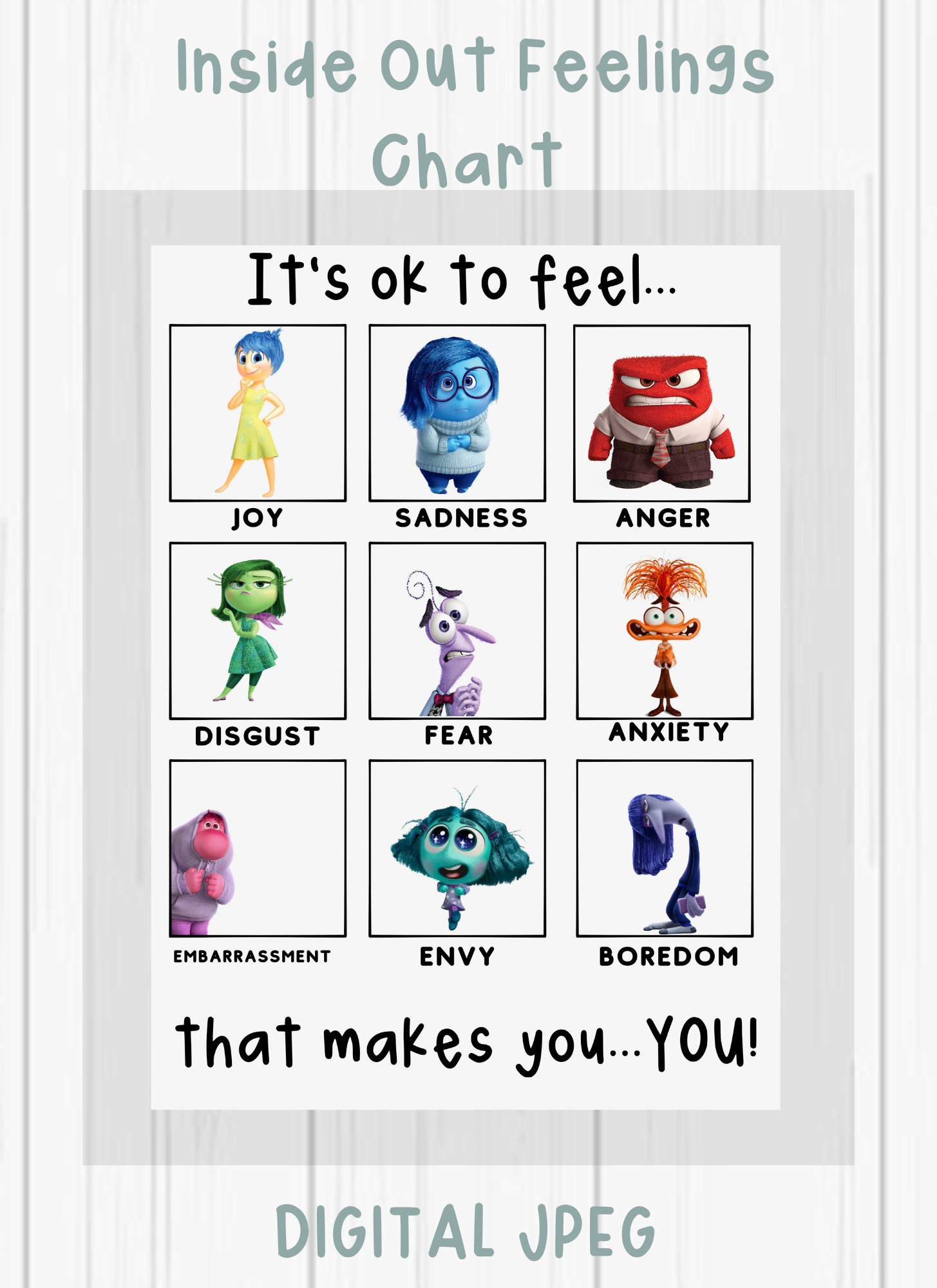 Inside Out Feelings Chart Digital Download | Emotional Awareness for Inside Out Characters Emotions Printable