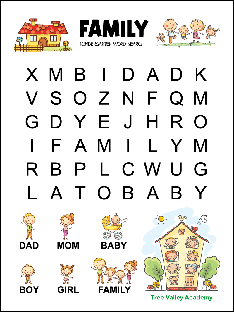 Kindergarten Family Word Search - Tree Valley Academy with regard to Printable Word Search Puzzles For Kindergarten