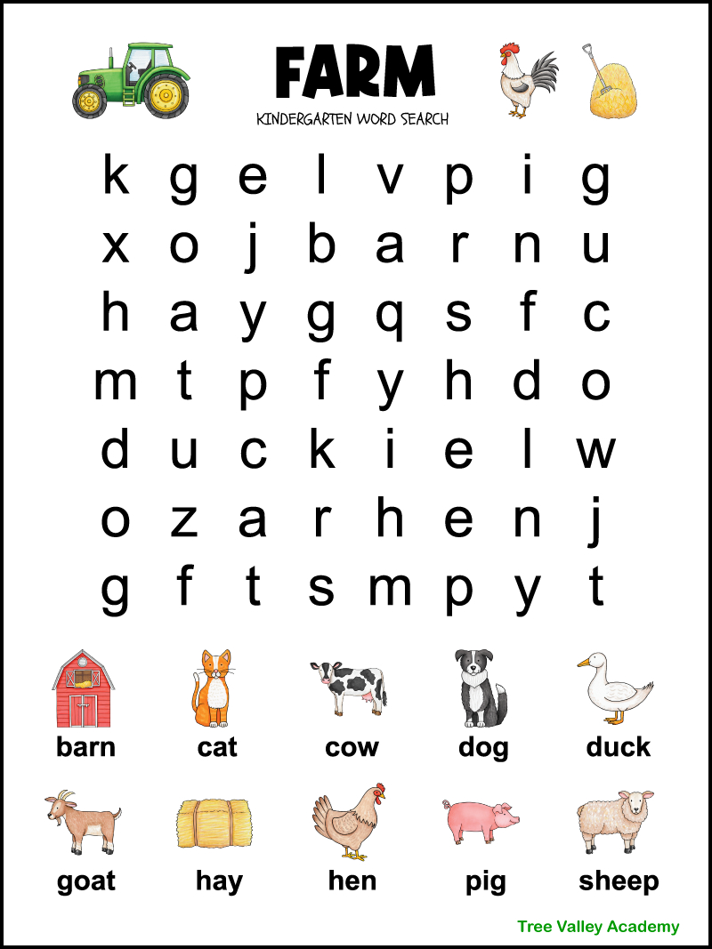 Kindergarten Farm Word Search - Tree Valley Academy within Printable Word Search Puzzles For Kindergarten