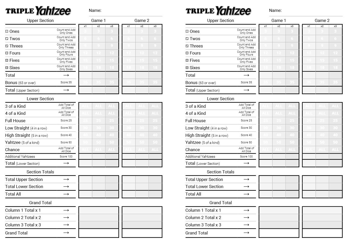 Kingofmycastle | Triple Yahtzee Printable Html Score Sheets for Free Printable Triple Yahtzee Score Sheets