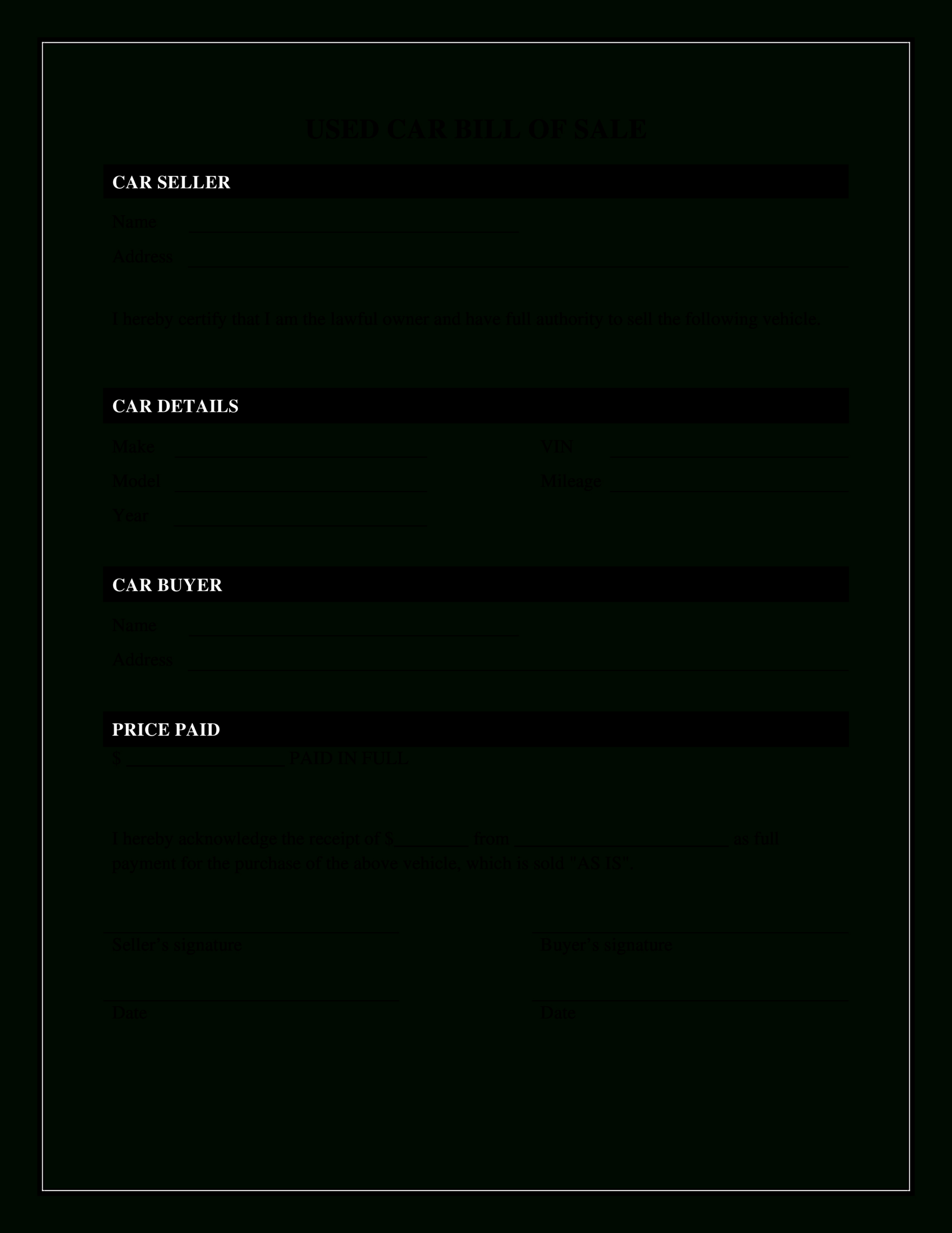 Kostenloses Vehicle Bill Of Sale Template Fillable Pdf intended for Printable Bill Of Sale Form