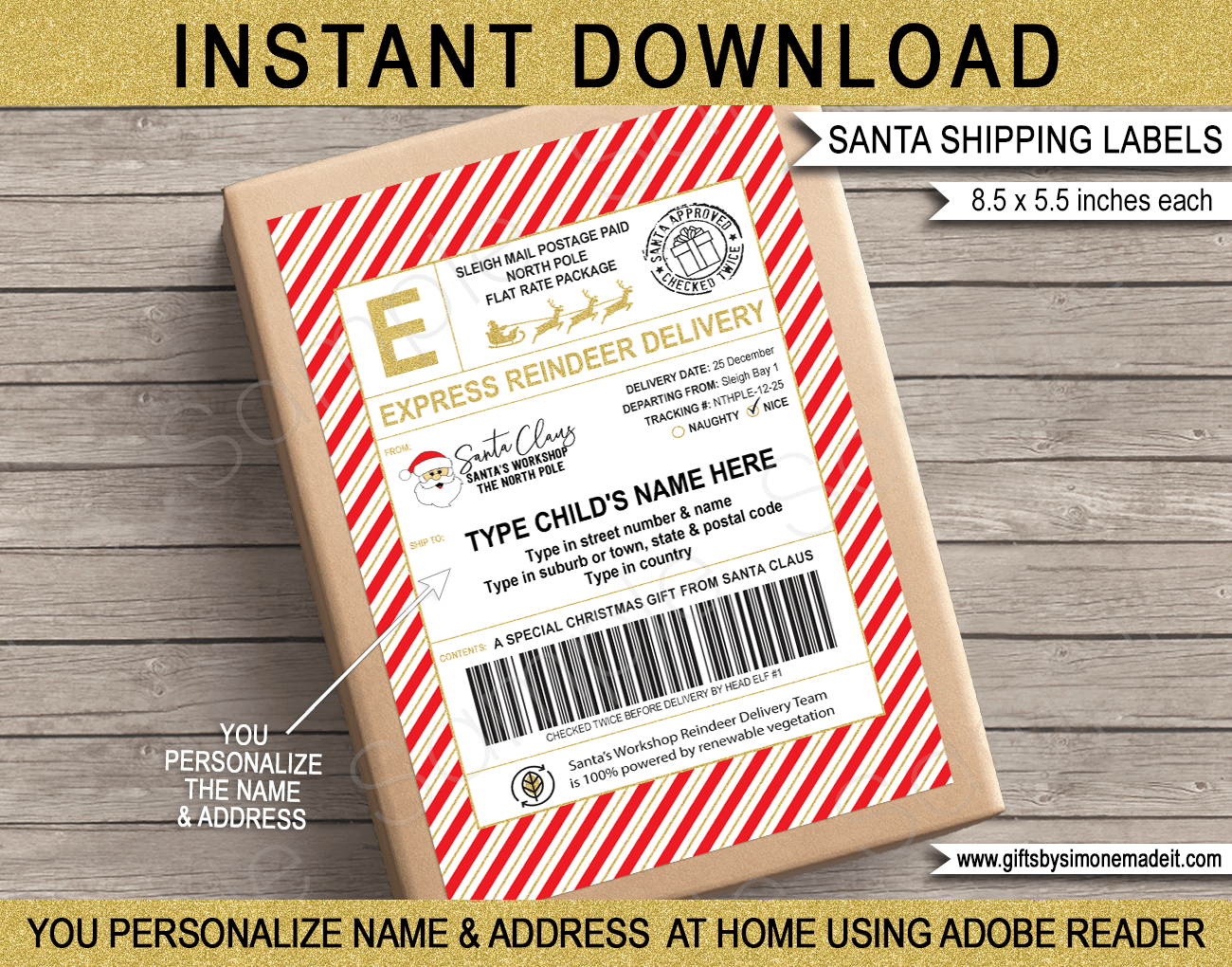 Large Santa Mail Shipping Labels (Usps Style) - Red &amp;amp; Gold regarding Free Printable Santa Shipping Label