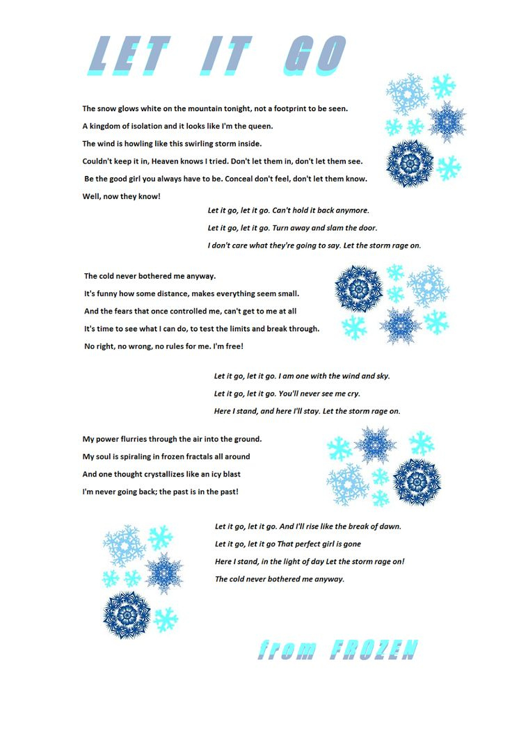 Let It Go Lyrics - Frozen Song intended for Frozen Song Lyrics Let It Go Printable