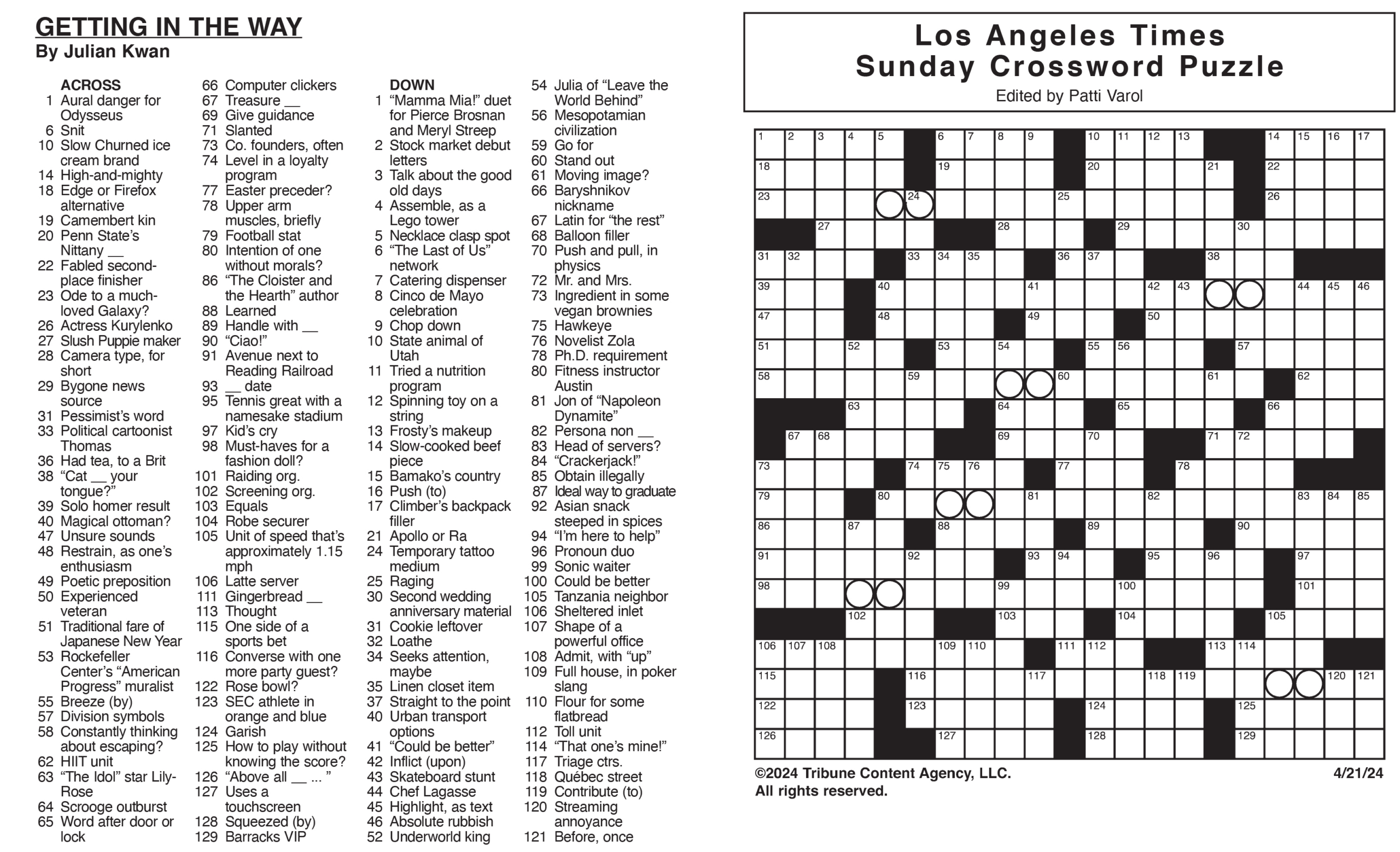 Los Angeles Times Sunday Crossword Puzzle | Tribune Content inside La Times Free Printable Crossword Puzzles