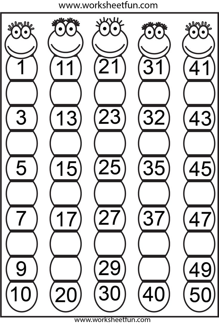Missing Numbers 1-50 – Eight Worksheets / Free Printable Worksheets inside Free Printable For Kindergarten Worksheets