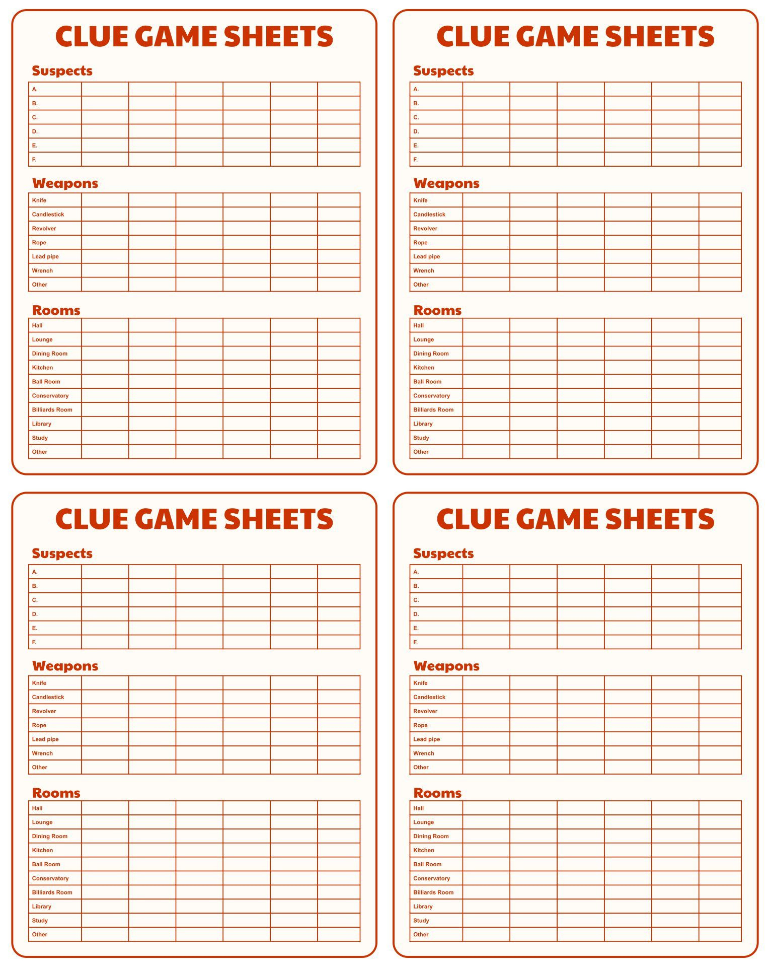 Original Clue Game Sheets - 8 Free Pdf Printables | Printablee with Free Printable Clue Score Sheet