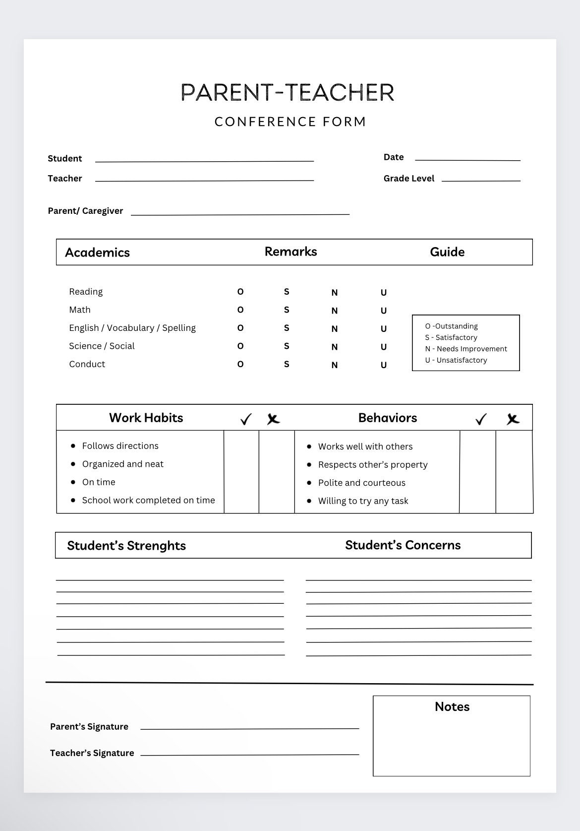 Parent Teacher Conference Form,Teacher Planner,Teacher Agenda inside Free Printable Parent Teacher Conference Forms