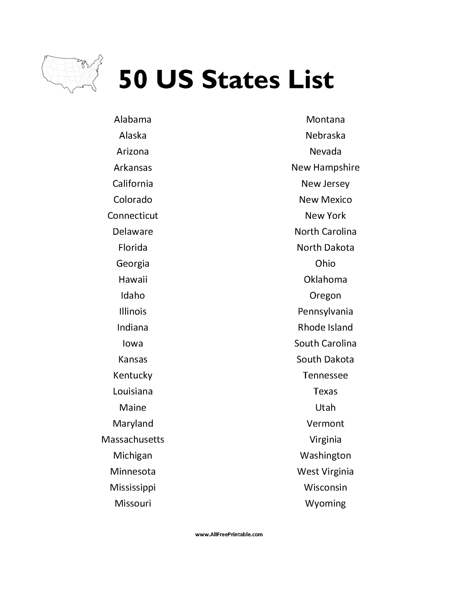Print 50 States List – Free Printable in Printable List of Us States