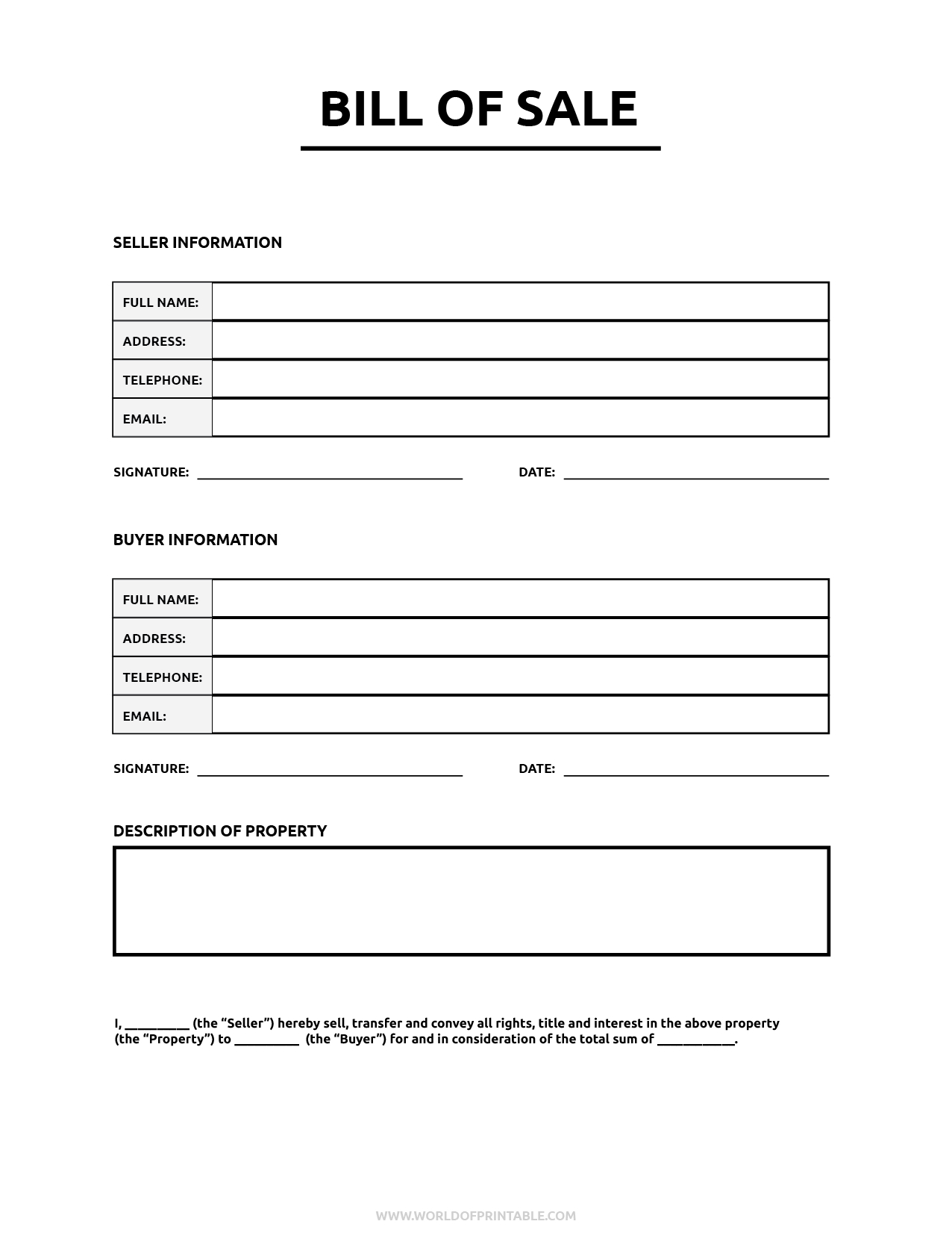 Printable Bill Of Sale - World Of Printables pertaining to Bill Of Sale Printable Template