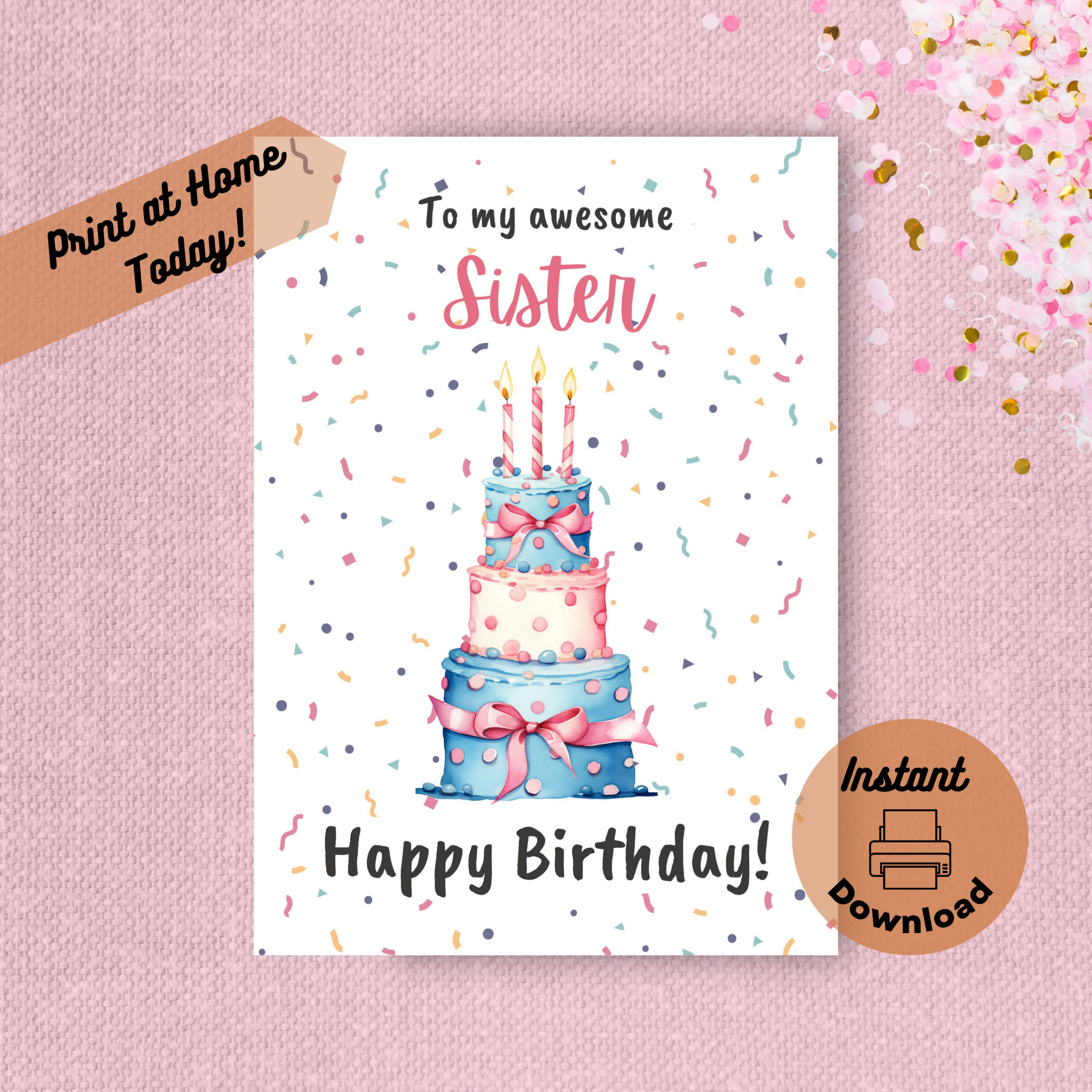 Printable Birthday Card For Sister, Instant Digital Download Print with regard to Printable Birthday Cards For Sister