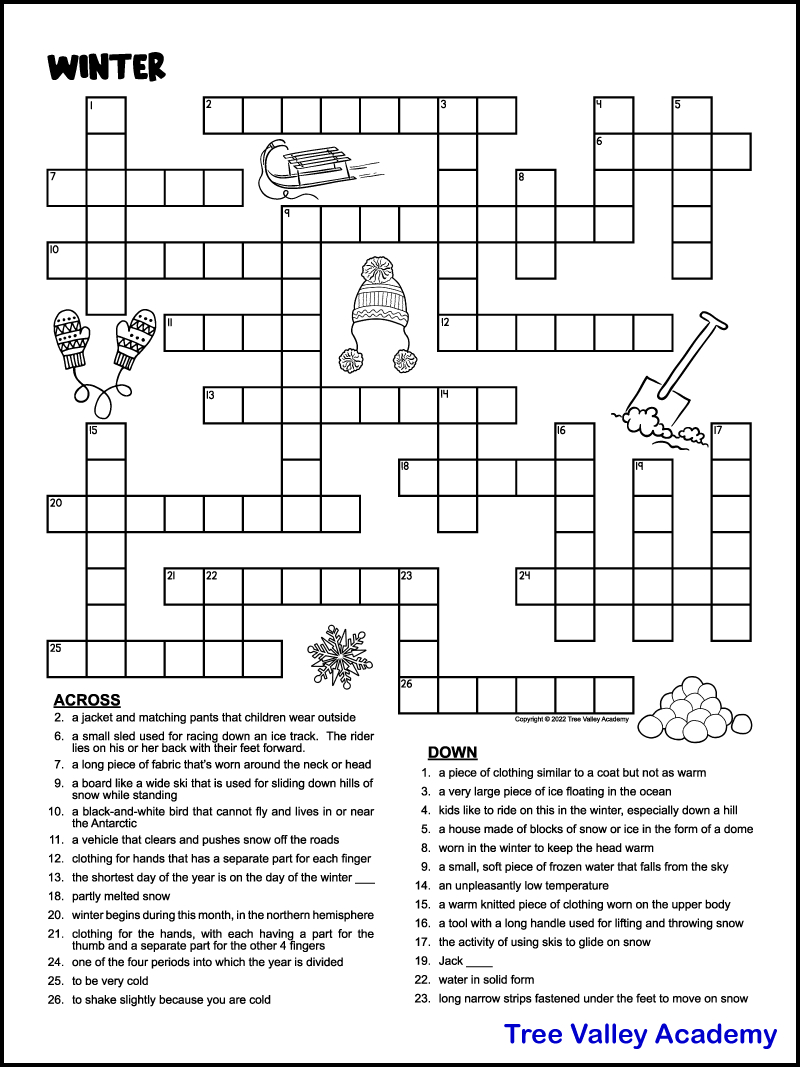 Printable Winter Crossword Puzzles For Kids - Tree Valley Academy in Medium Difficulty Printable Crossword Puzzles