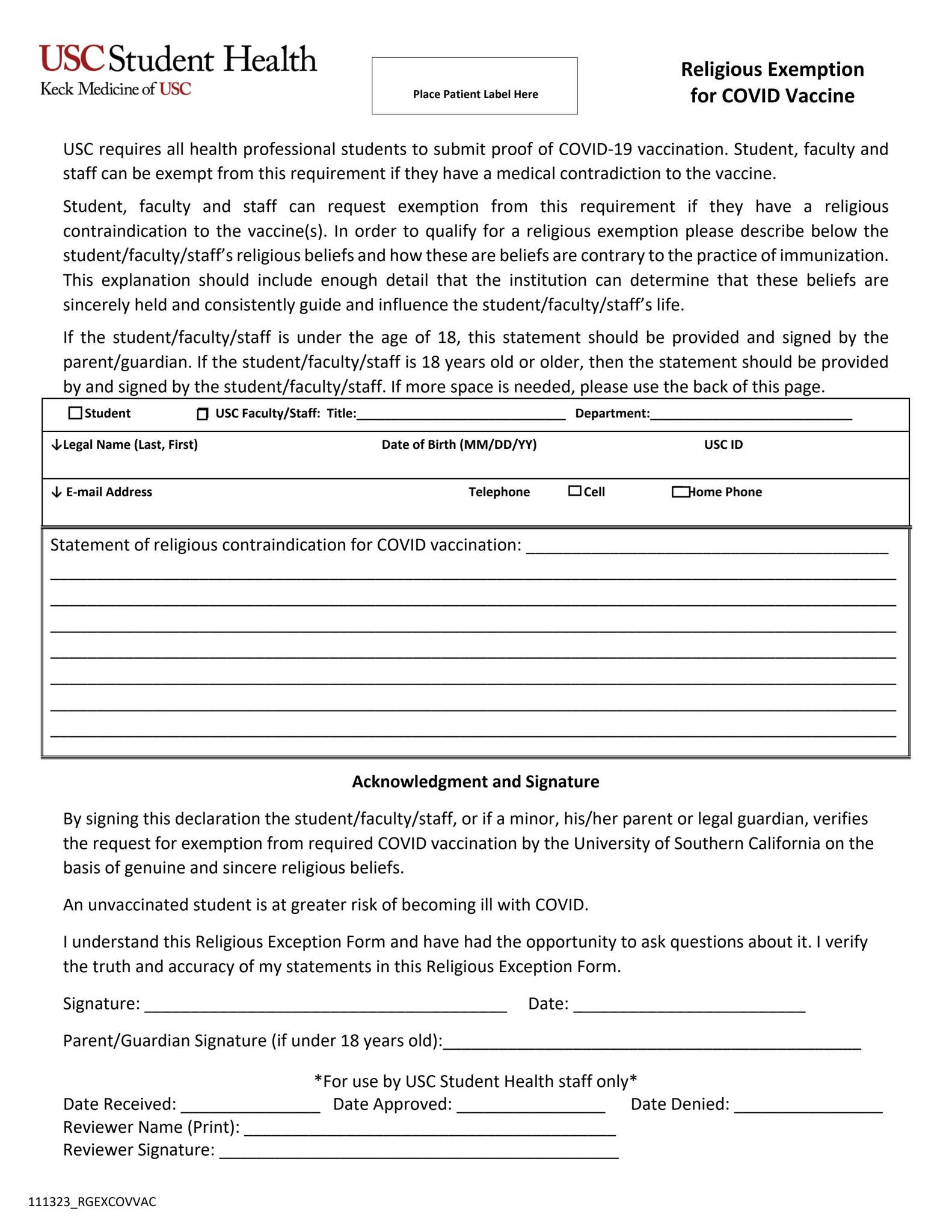 Religious Exemption For Covid Vaccination_Hpsusc Campus Health with Printable Religious Vaccine Exemption Form