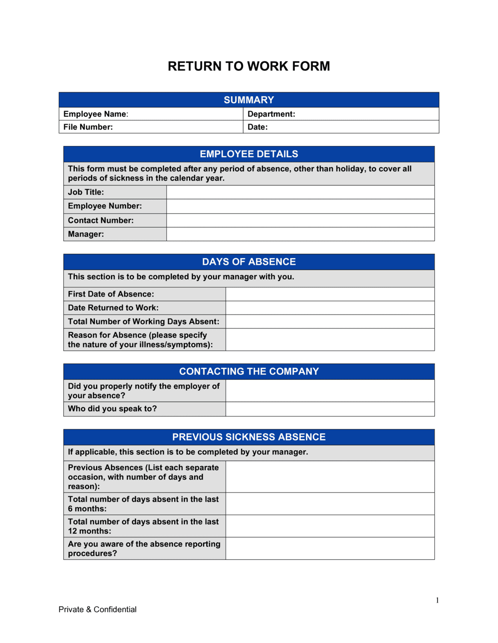 Return To Work Form Template (Word &amp;amp; Pdf) - Free Trial intended for Free Printable Return to Work Form