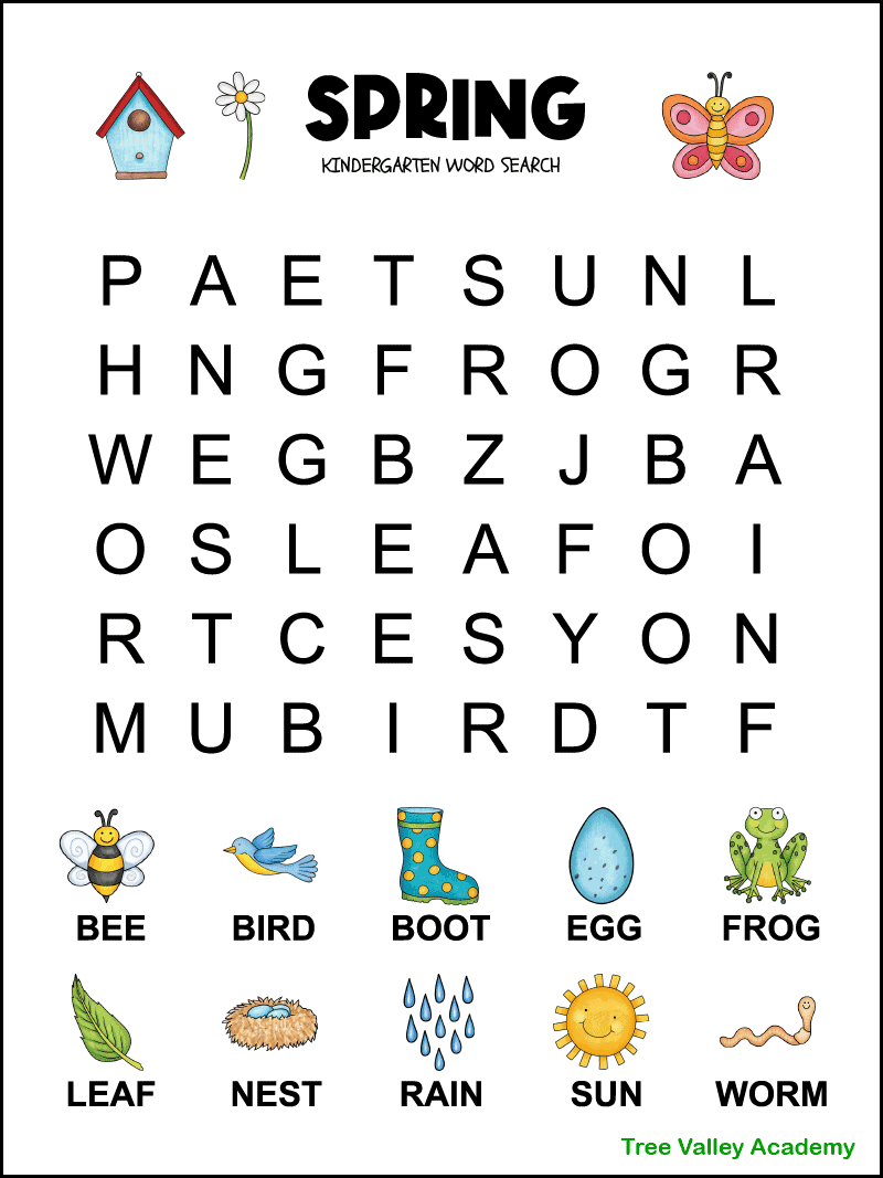 Spring Word Search For Kindergarten - Tree Valley Academy pertaining to Printable Word Search Puzzles For Kindergarten