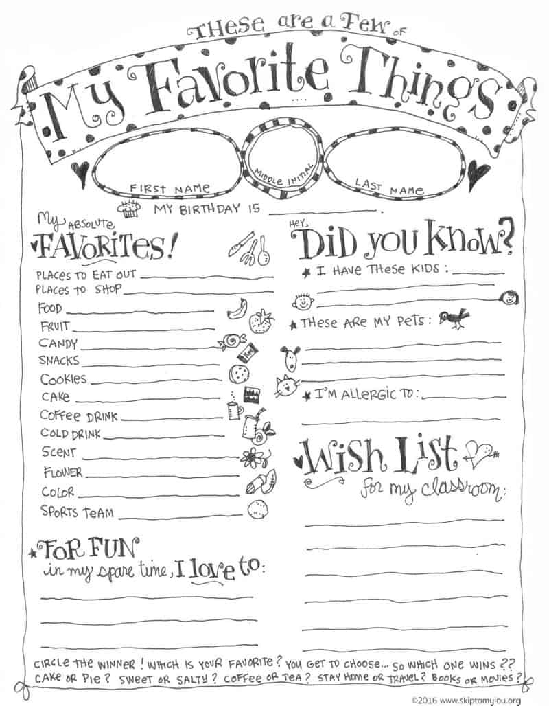 Teacher Favorite Things Questionnaire Printable | Skip To My Lou with regard to Free Printable Teacher Appreciation Questionnaire