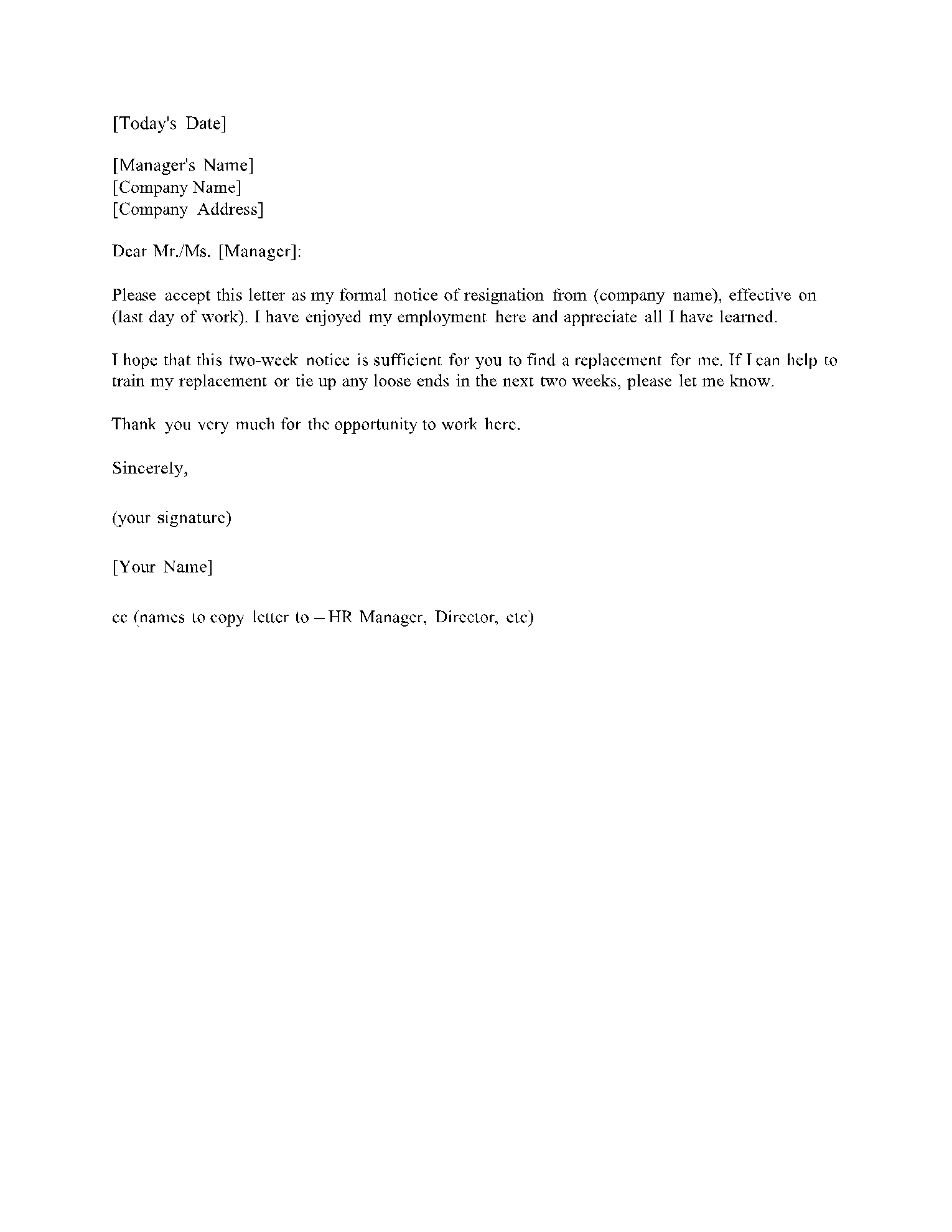 Two Weeks Notice Letter Template (100% Free) | Cocosign intended for Free Printable Two Week Notice Letter