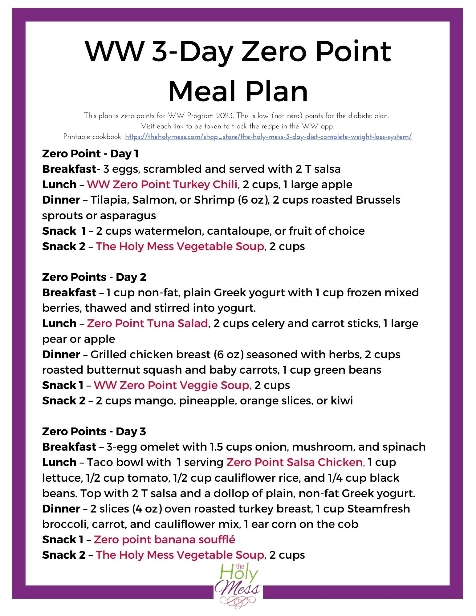 Weight Watchers 3 Day Zero Point Meal Plan Printable - The Holy Mess for Printable 3 Day Diet Menu