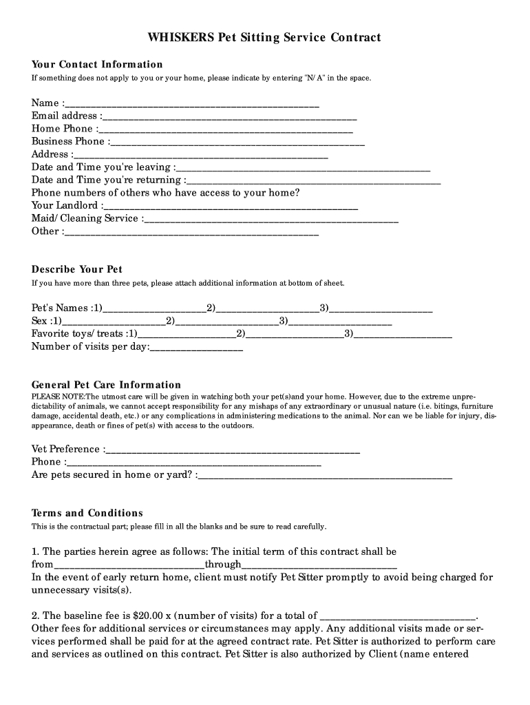 Whiskers Pet Sitting Service Contract Form - Fill Online throughout Free Printable Pet Sitter Forms