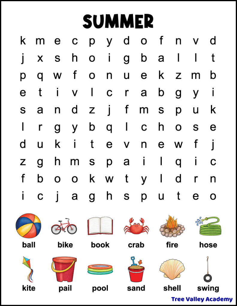 1St Grade Summer Word Search - Tree Valley Academy inside Summer Holiday Word Search Printable Free