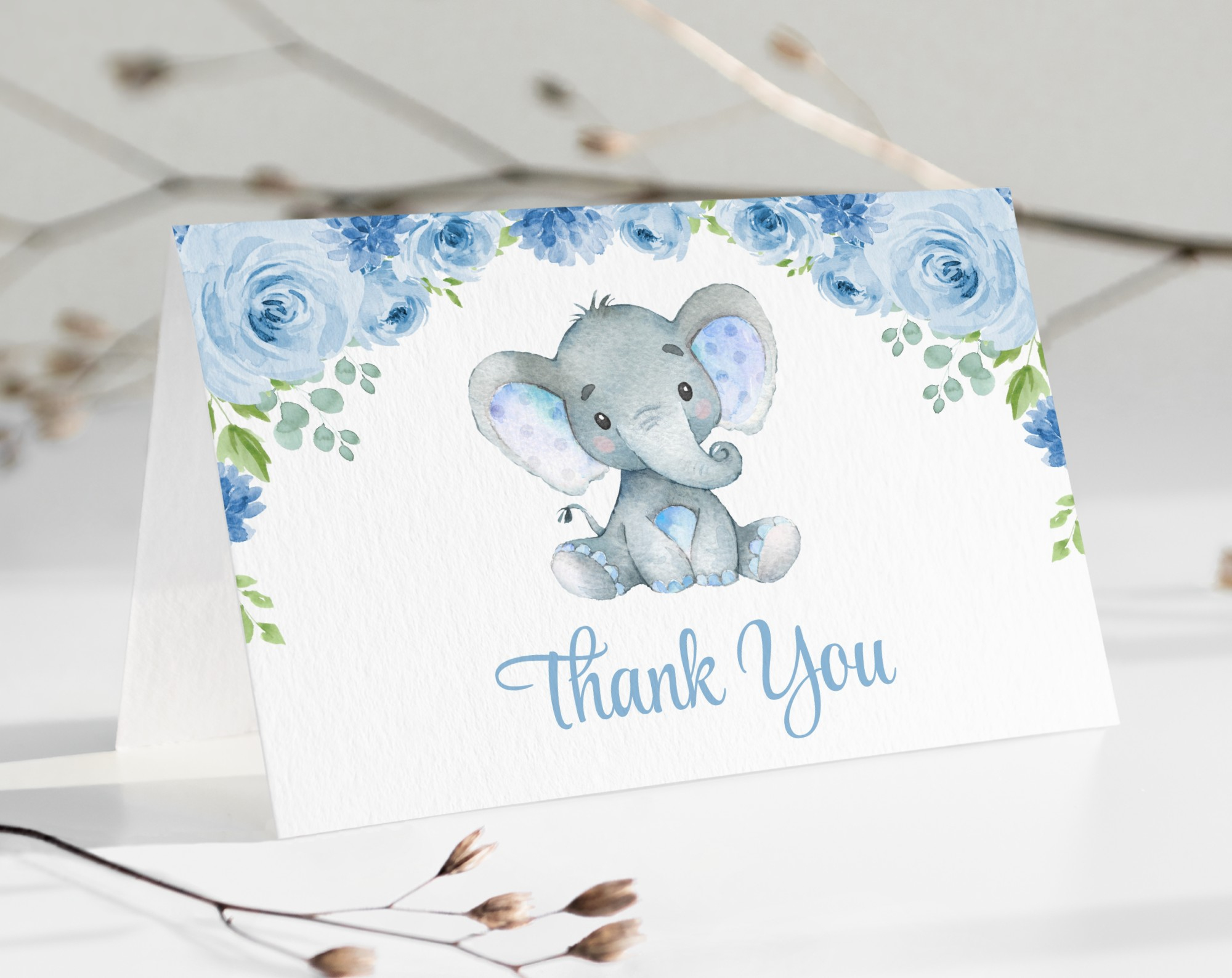 Baby Elephant Thank You Card, Boy Baby Shower, Printable File, Edit  Yourself, Sh08 pertaining to Baby Boy Shower Thank You Cards Printable