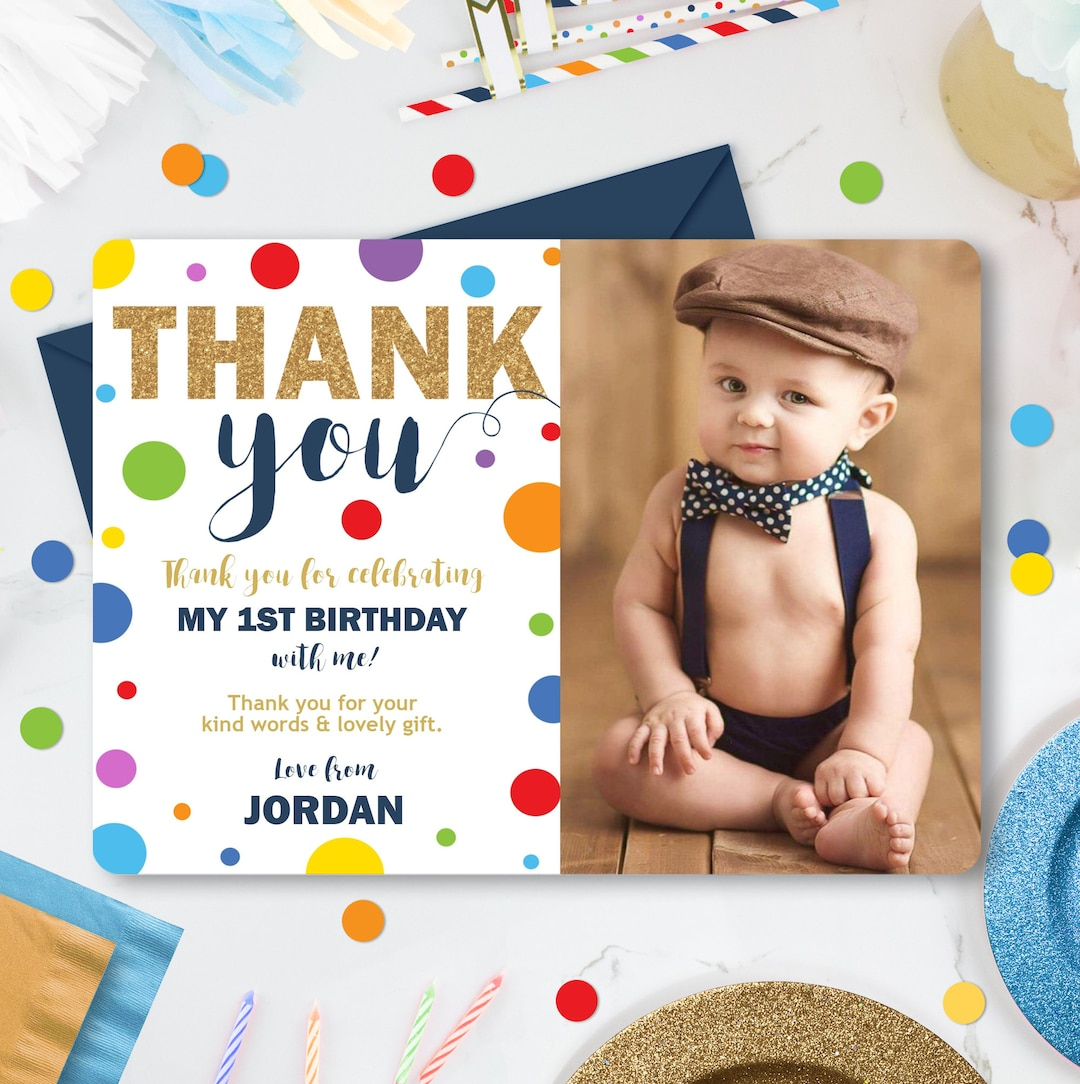 Boy 1St Birthday Photo Thank You Card Template (Digital Download with regard to First Birthday Thank You Cards Printable