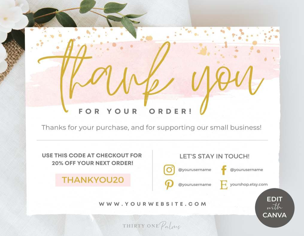 Editable Printable Thank You Card Template For Canva - Pink Watercolor in Printable Thank You Cards Editable