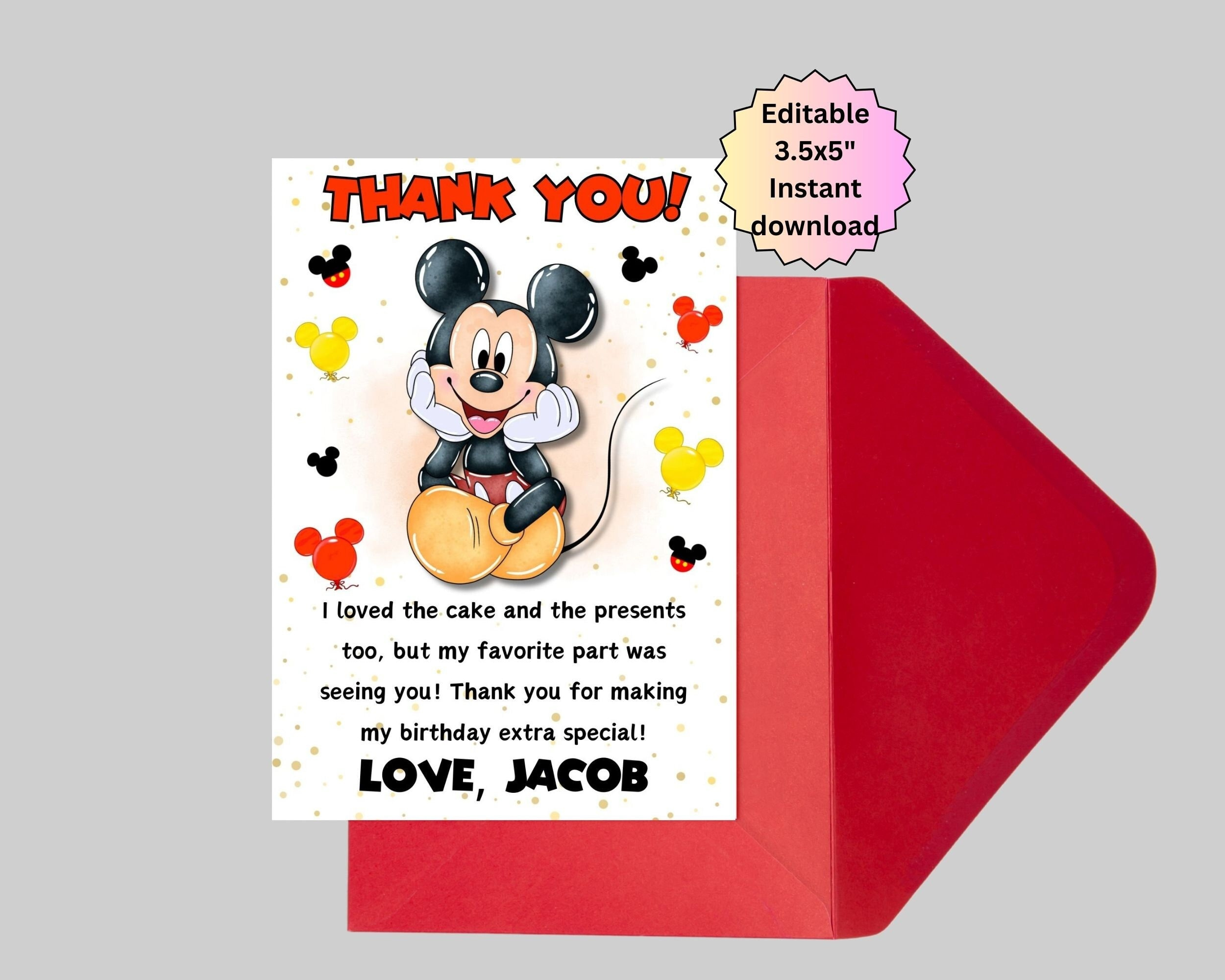 Editable Red Mickey Mouse Thank You Card, Thank You Cards, Thank with regard to Mickey Mouse Thank You Cards Printable