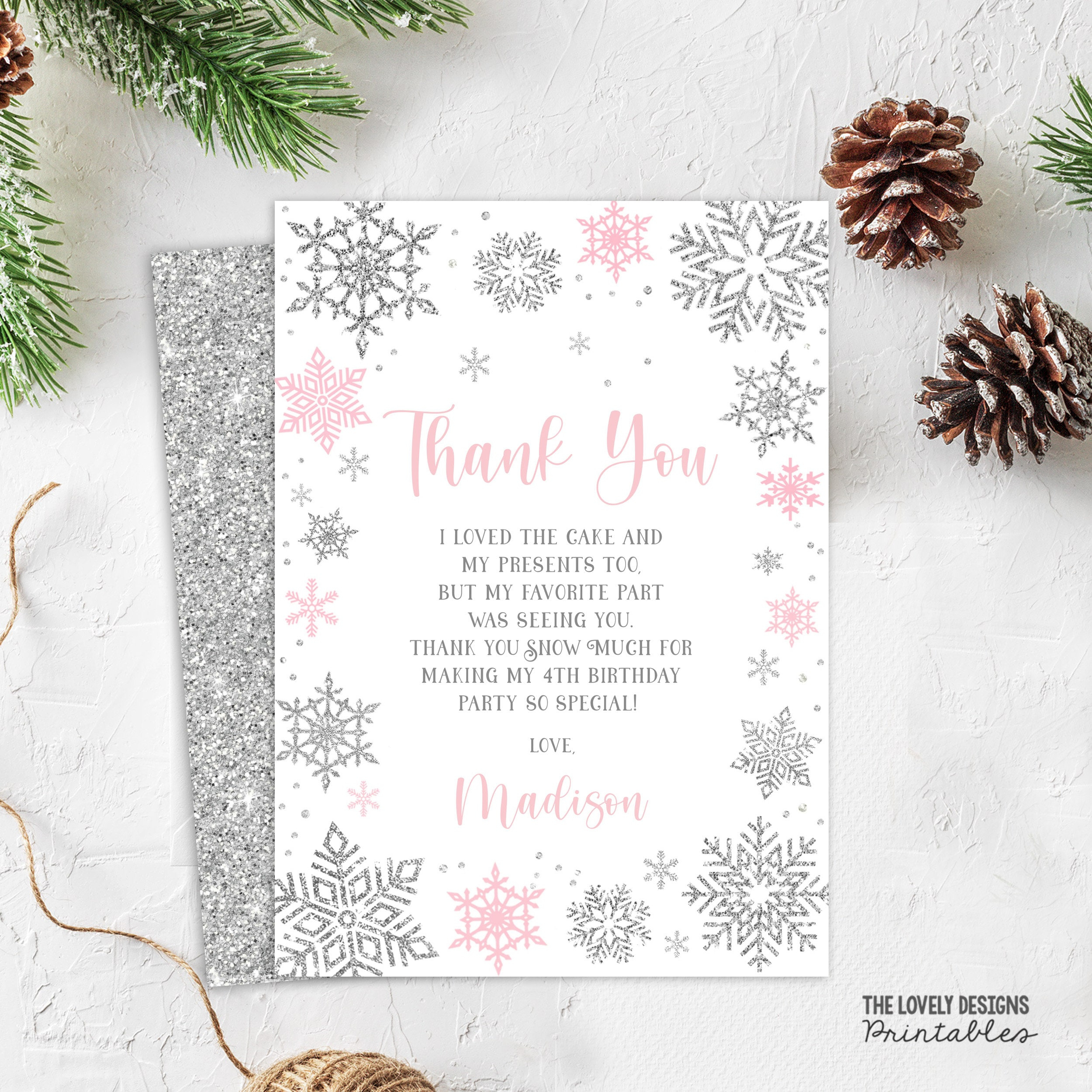 Editable Winter Thank You Card Winter Birthday Party Snowflakes intended for Winter Thank You Cards Printable