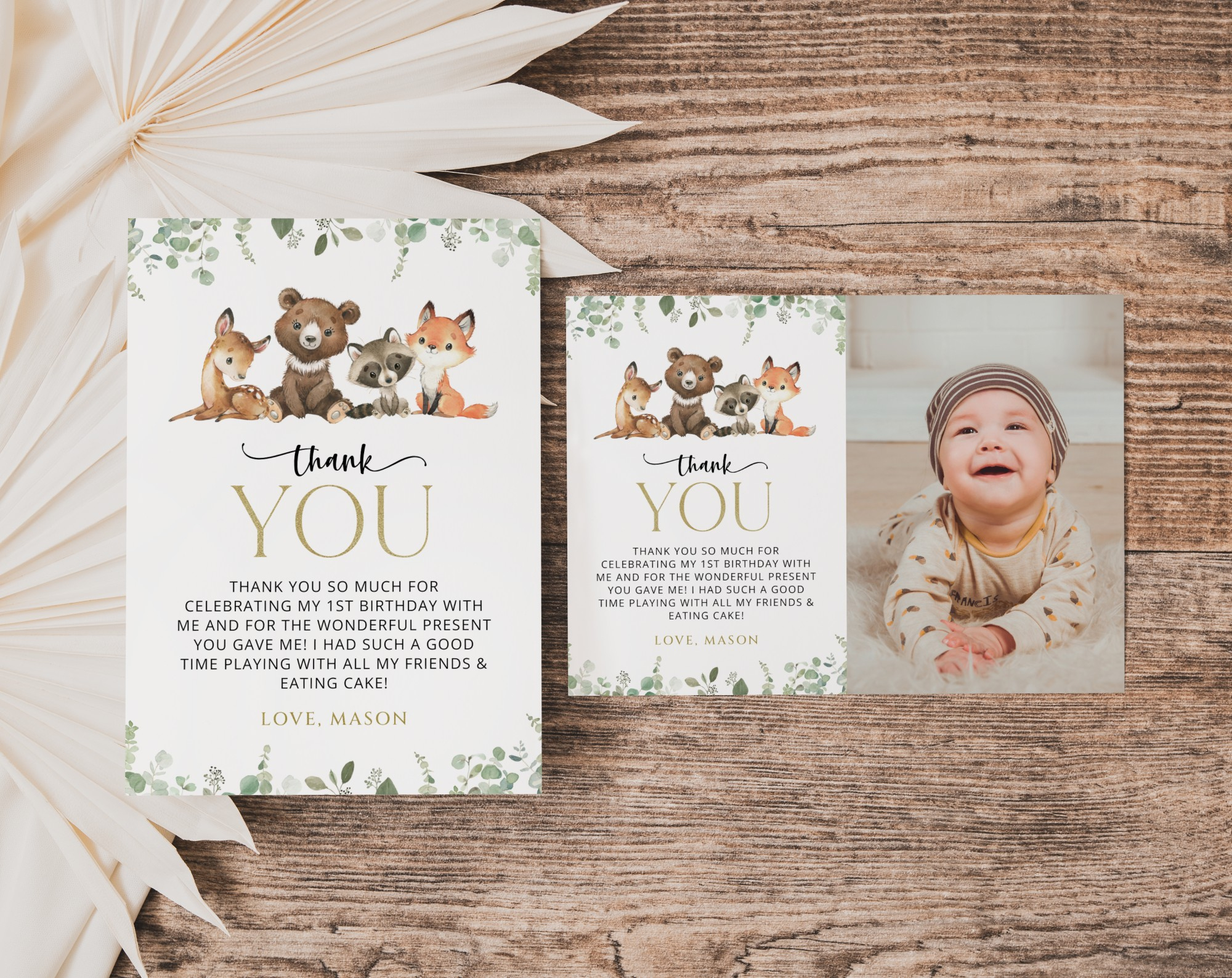 Forest Animals Thank You Card, First Birthday, Printable File, Edit  Yourself, Sh28 pertaining to First Birthday Thank You Cards Printable