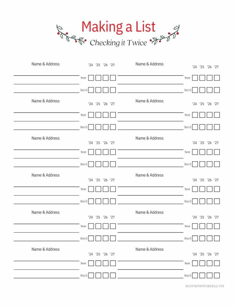 Free Printable Christmas Card Address List with Free Printable Christmas Card Address List Template