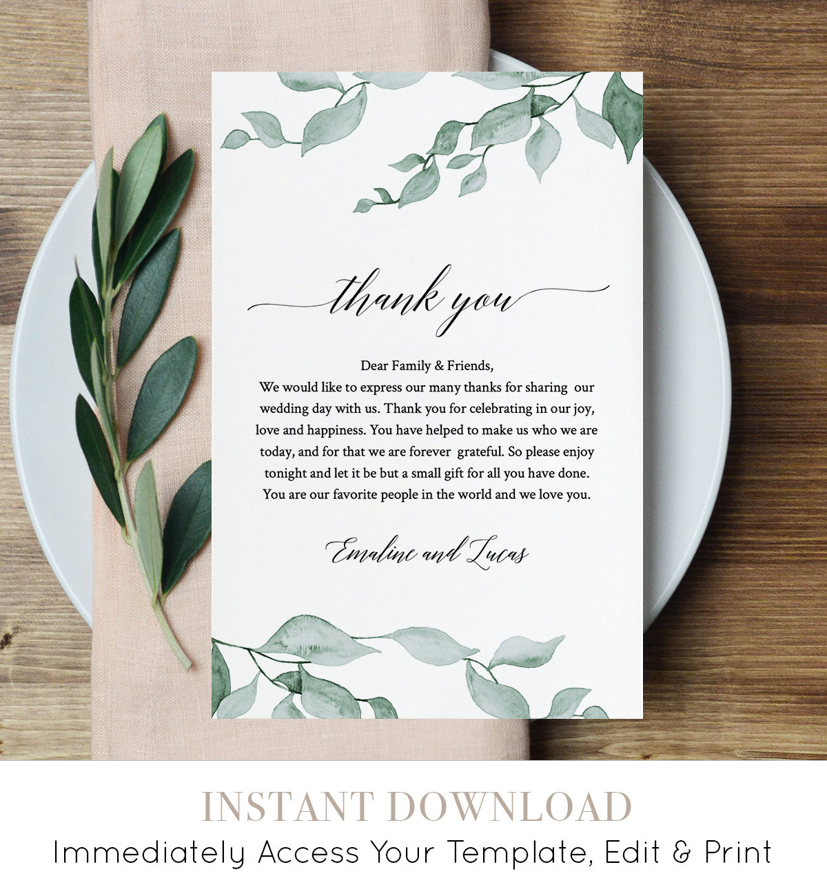 Greenery Wedding Thank You Card, Printable In Lieu Of Favor Card pertaining to Wedding Thank You Cards Printable