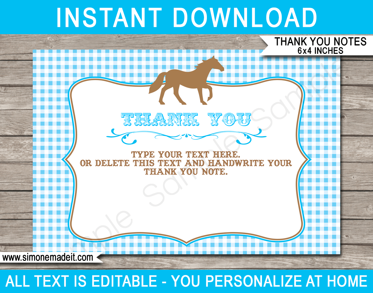 Horse Party Thank You Cards Template - Blue pertaining to Horse Thank You Cards Printable