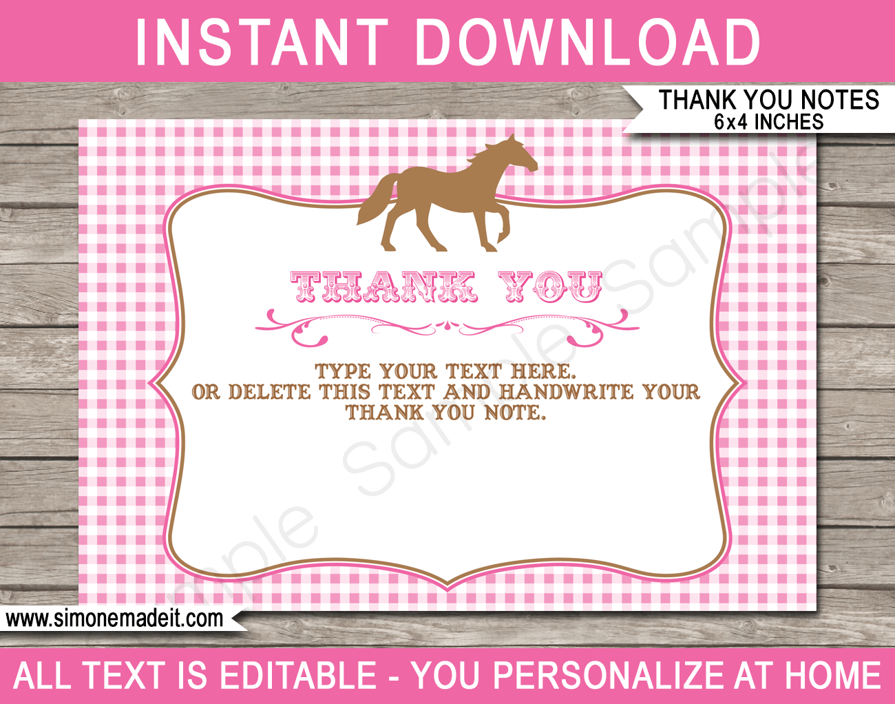 Horse Party Thank You Cards Template - Pink in Horse Thank You Cards Printable