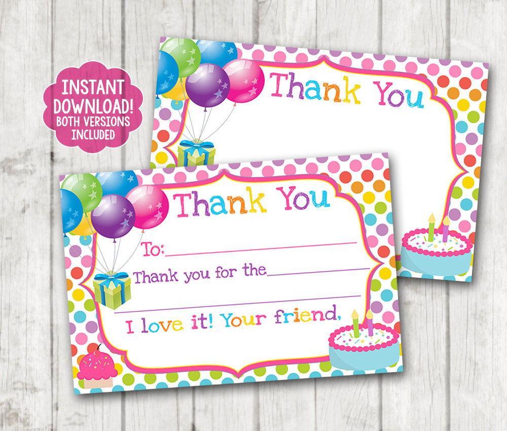 Instant Download Printable Birthday Thank You Cards, Balloons inside Printable Free Thank You Cards For Birthday