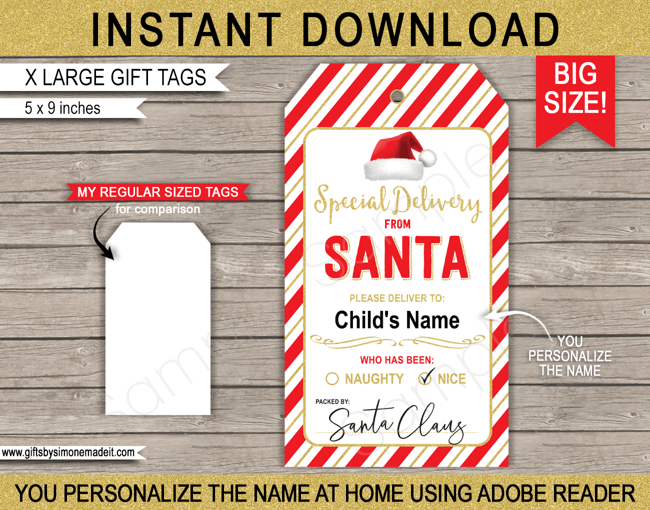 Large Santa Christmas Gift Tags - Red &amp;amp; Gold inside Large Printable Christmas Name Tags