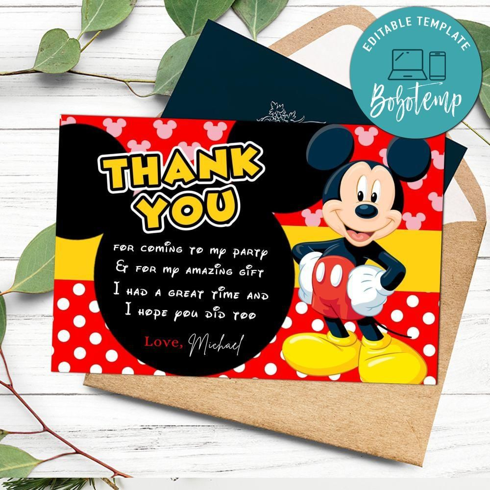 Mickey Mouse Thank You Card Customizable Template Diy | Bobotemp for Mickey Mouse Thank You Cards Printable