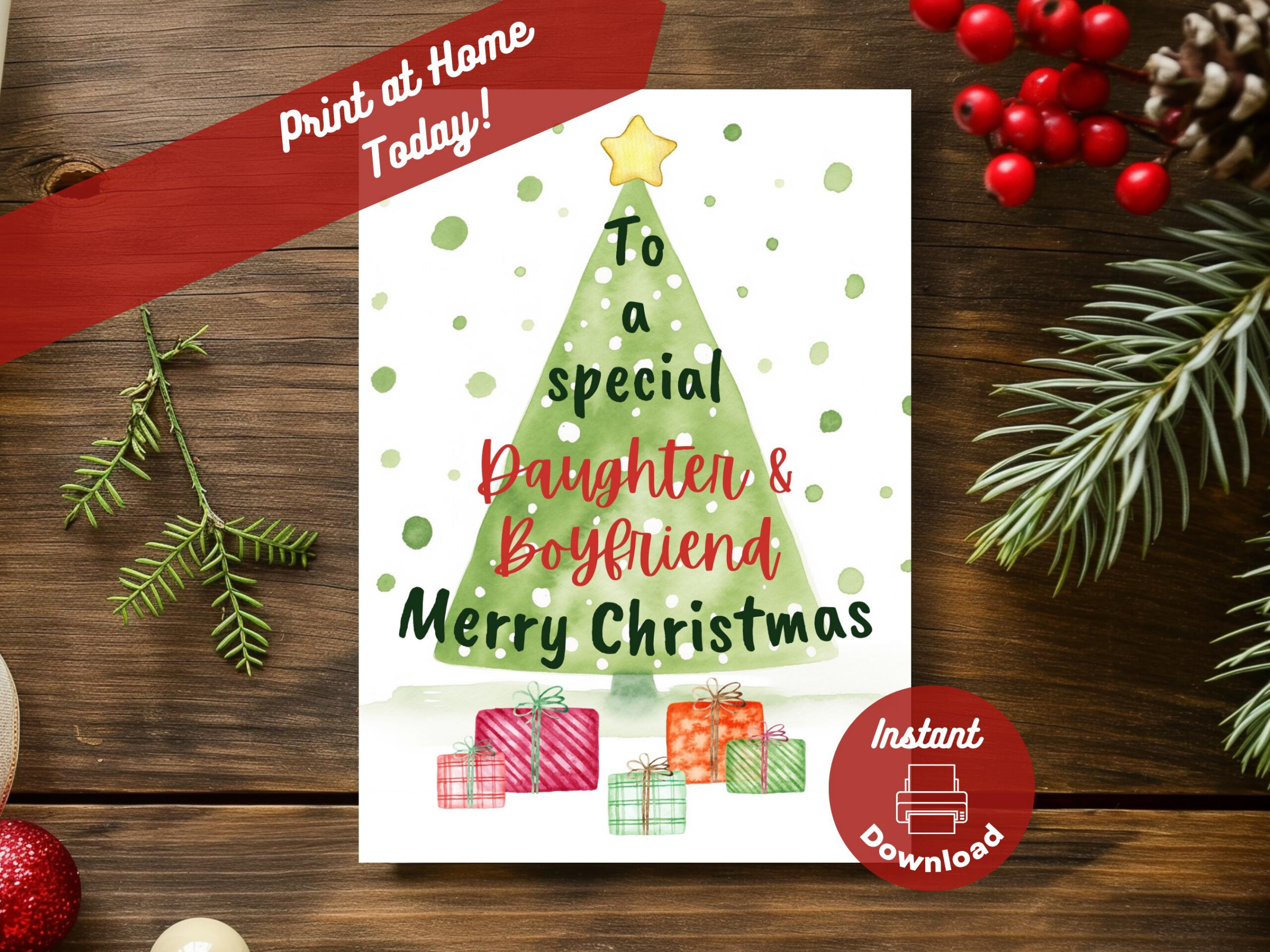 Printable Christmas Card For Daughter + Boyfriend, Instant Digital pertaining to Printable Christmas Card For Daughter